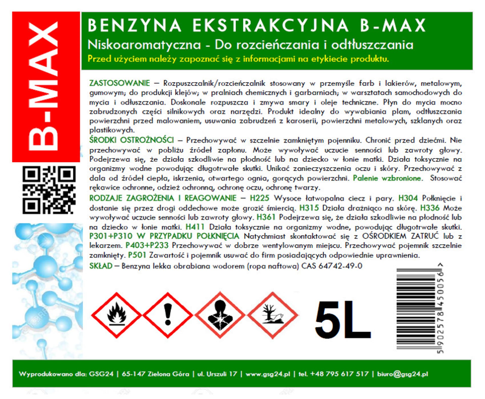 

Benzyna ekstrakcyjna bezwonna B-MAX 5L