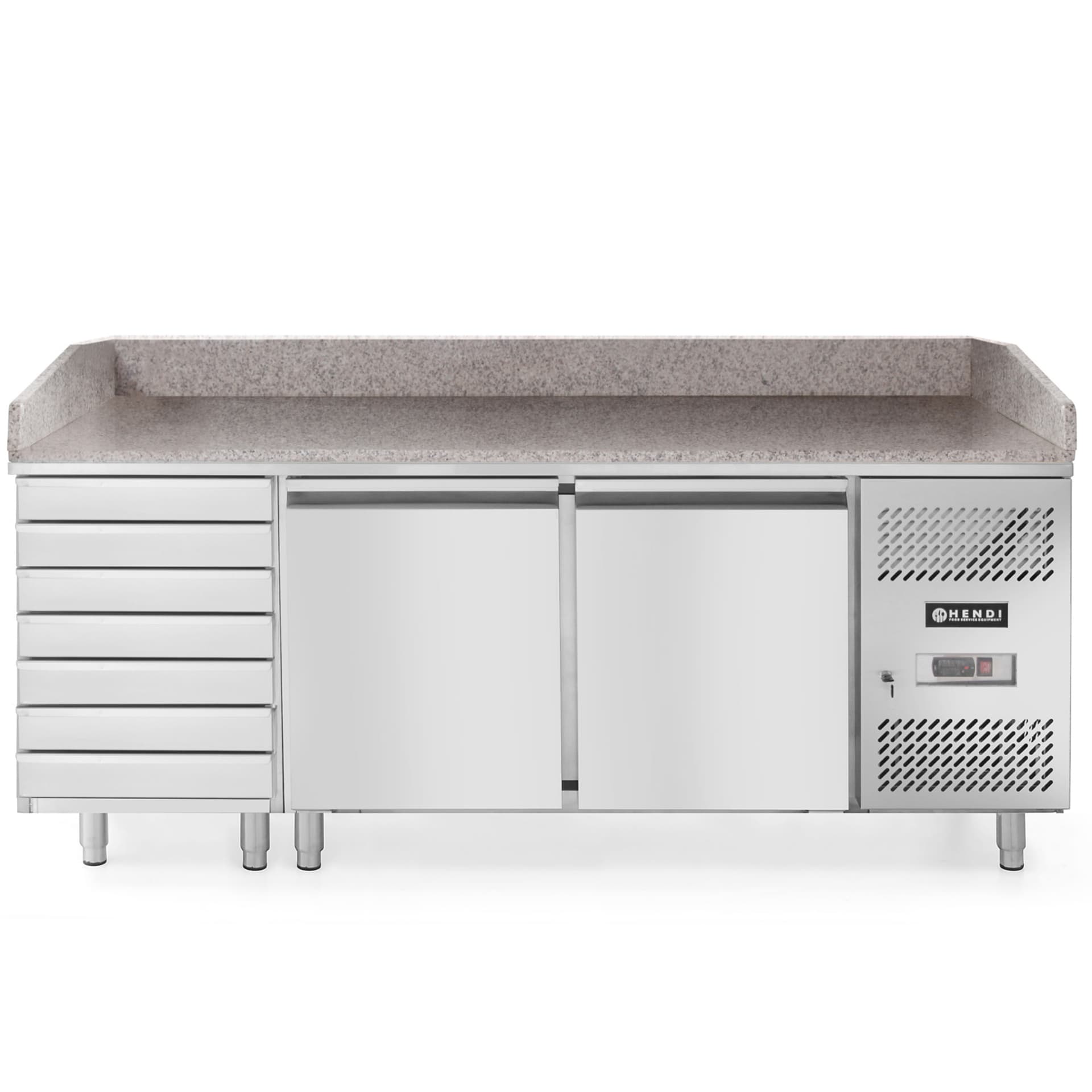 

Stół chłodniczy do pizzy 2-drzwiowy z 7 szufladami blat granitowy szer. 202cm - Hendi 232842