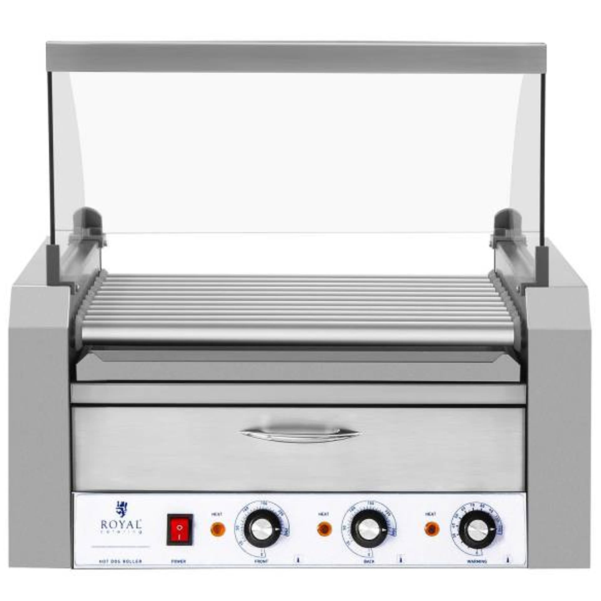 

Roller grill rolkowy z osłoną i szufladą grzewczą do bułek 20 parówek HotDog 2600W 230V Royal Catering