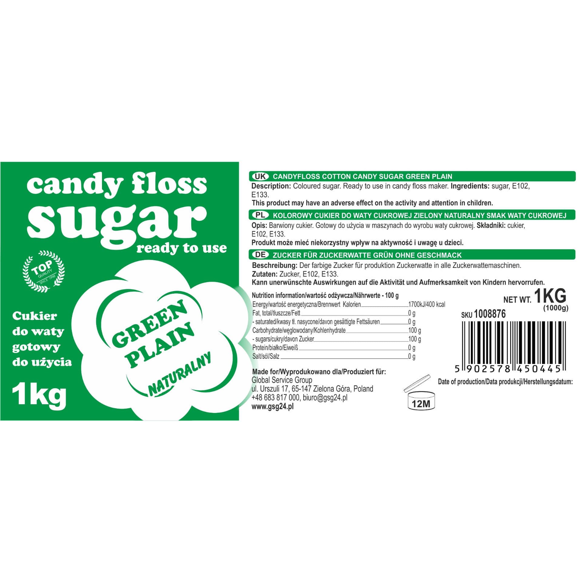 

Kolorowy cukier do waty cukrowej zielony naturalny smak waty cukrowej 1kg