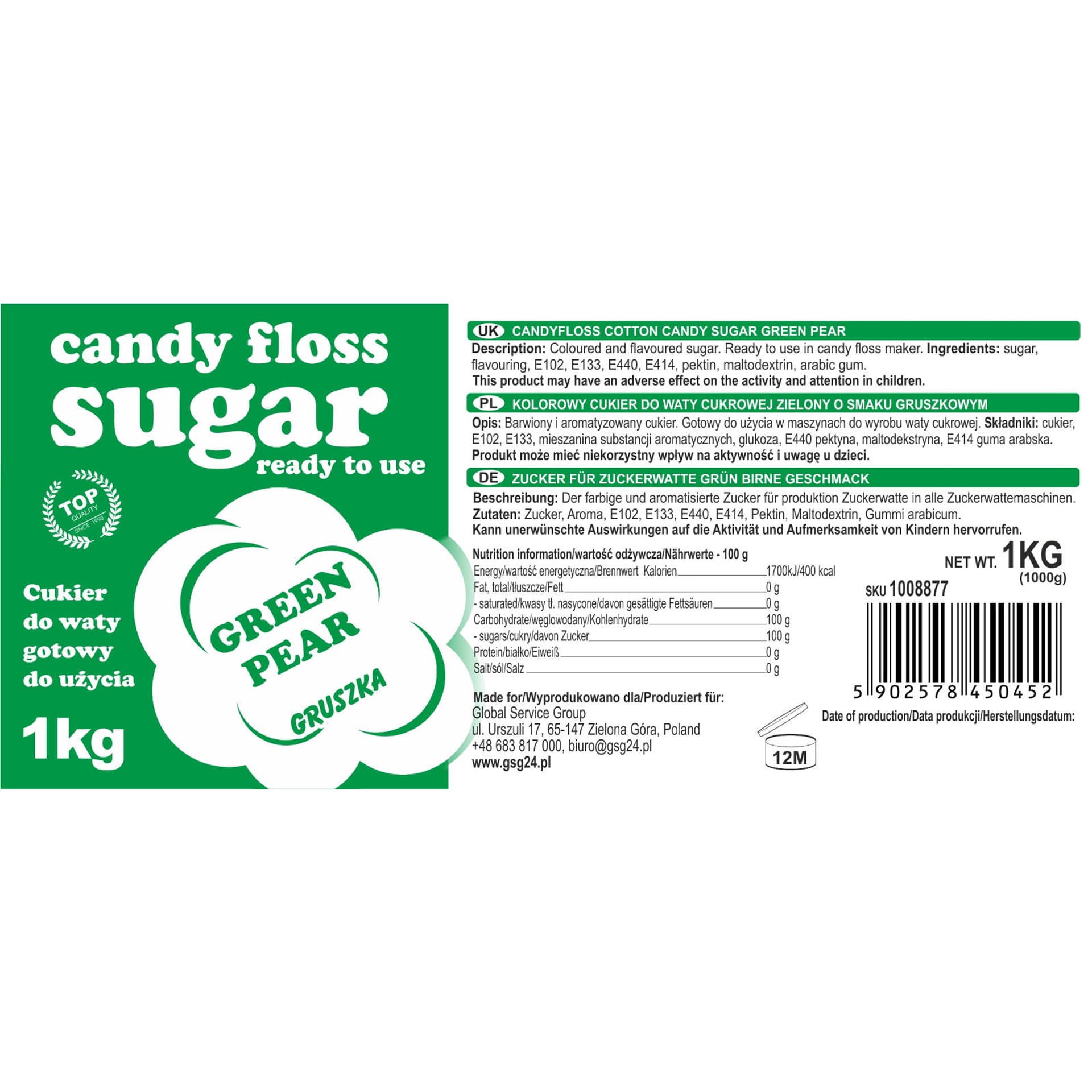

Kolorowy cukier do waty cukrowej zielony o smaku gruszkowym 1kg