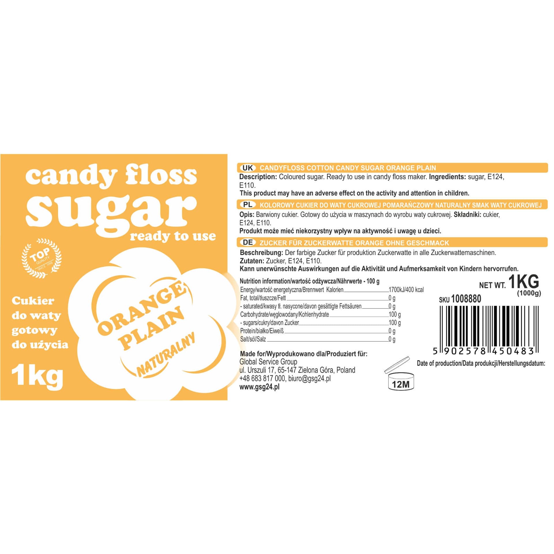 

Kolorowy cukier do waty cukrowej pomarańczowy naturalny smak waty cukrowej 1kg