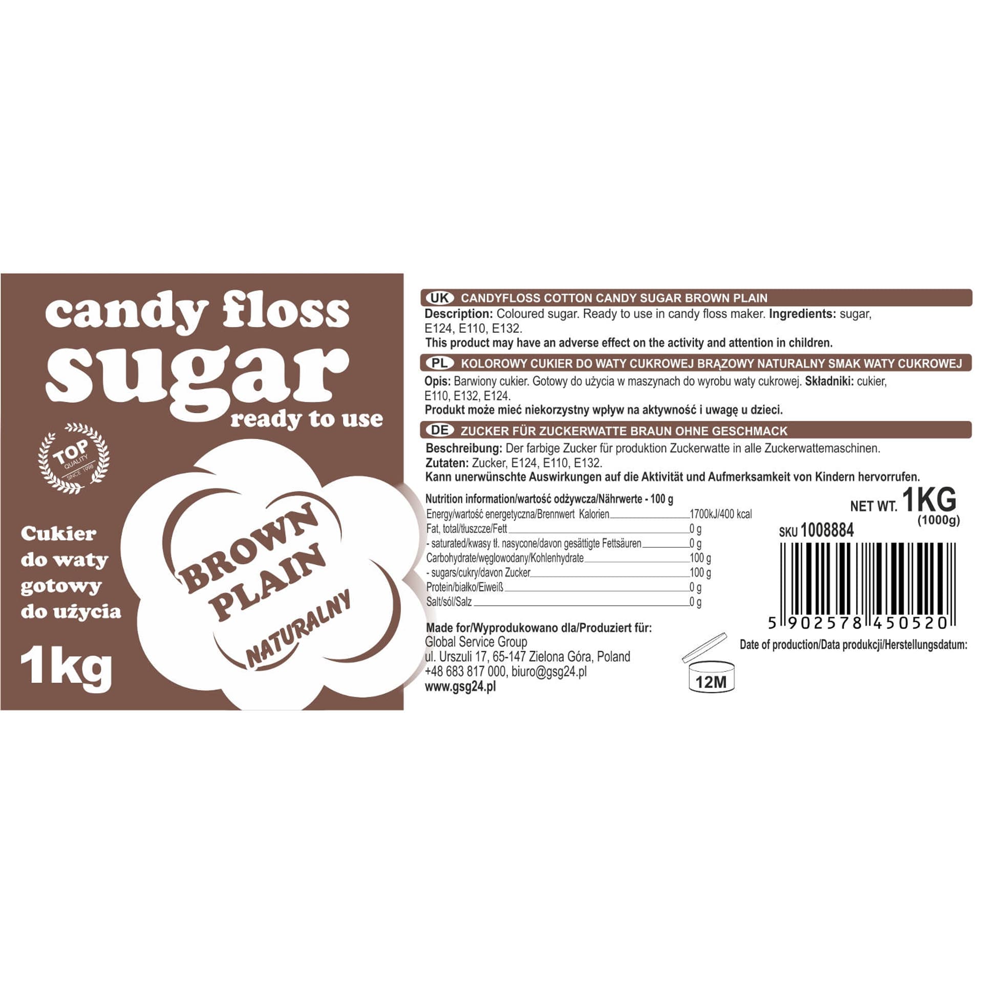 

Kolorowy cukier do waty cukrowej brązowy naturalny smak waty cukrowej 1kg