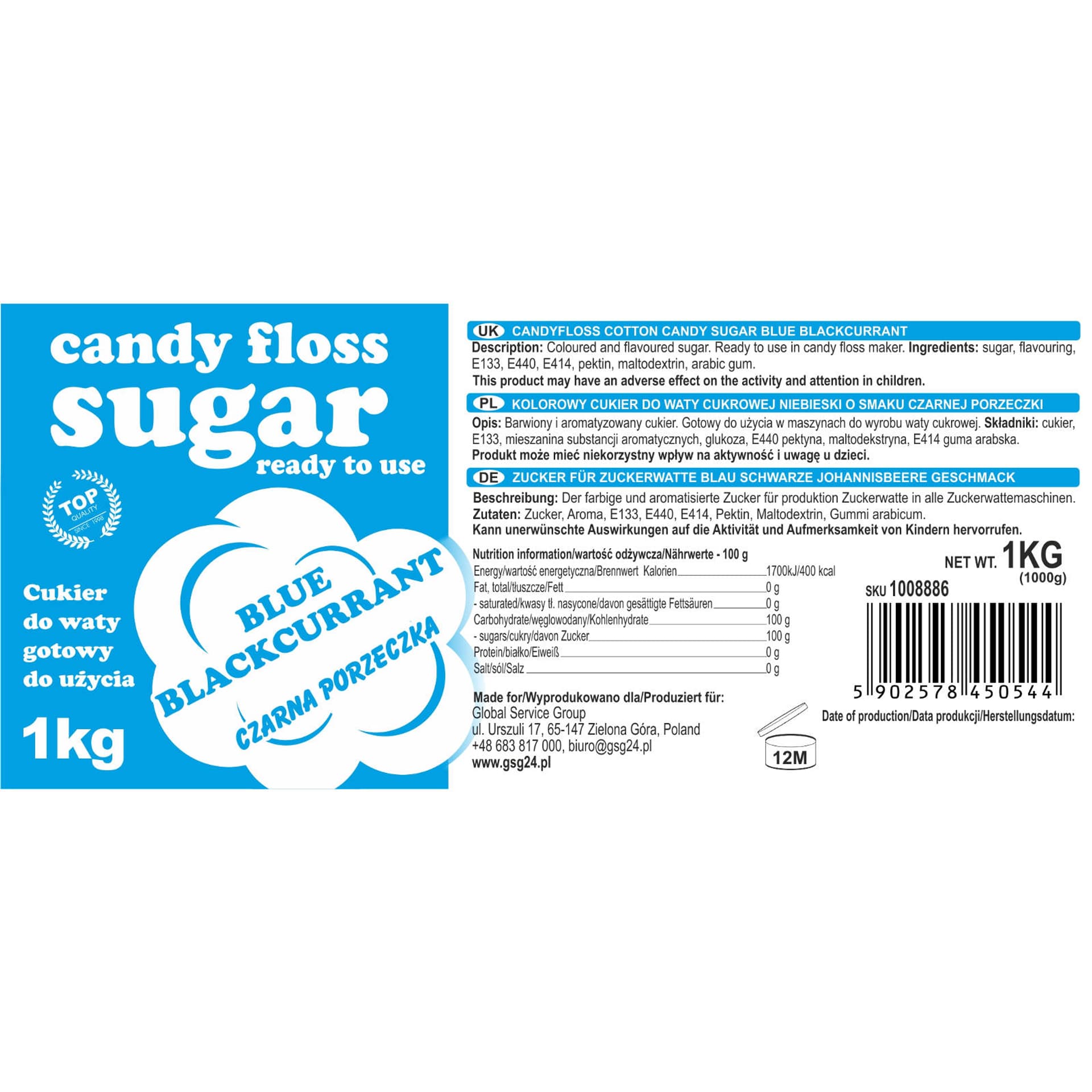 

Kolorowy cukier do waty cukrowej niebieski o smaku czarnej porzeczki 1kg