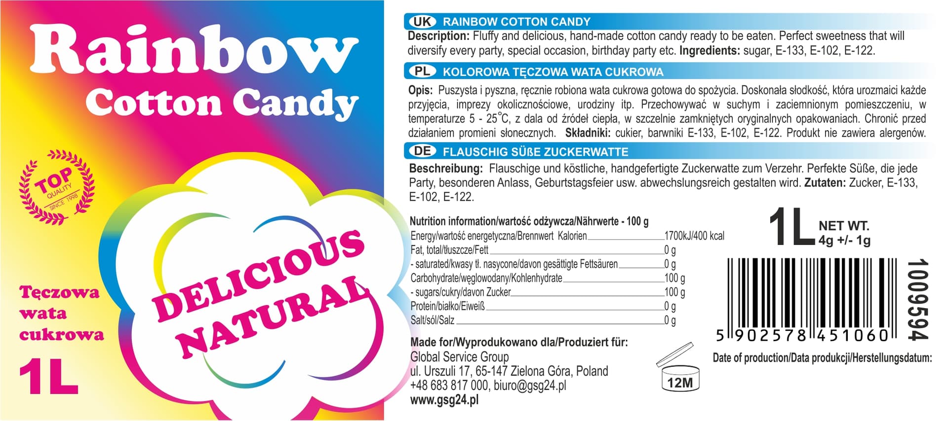 

Kolorowa tęczowa wata cukrowa Rainbow Cotton Candy 1L