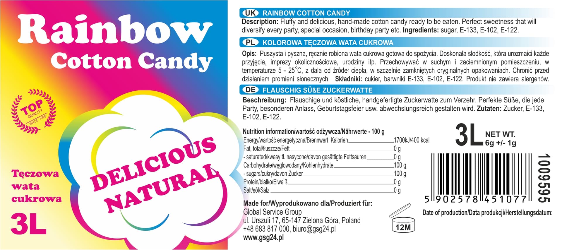 

Kolorowa tęczowa wata cukrowa Rainbow Cotton Candy 3L