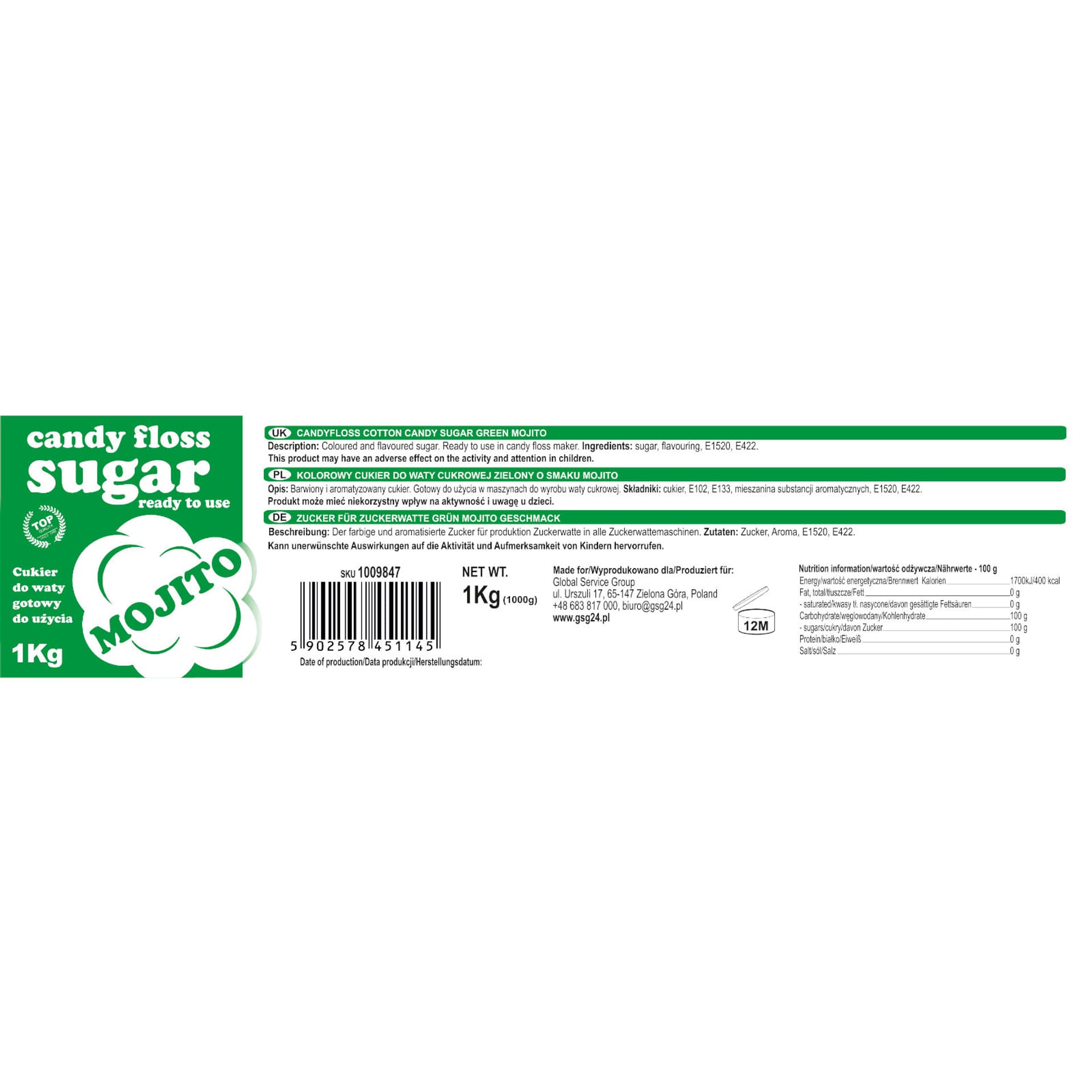 

Kolorowy cukier do waty cukrowej zielony o smaku mohito mojito 1kg