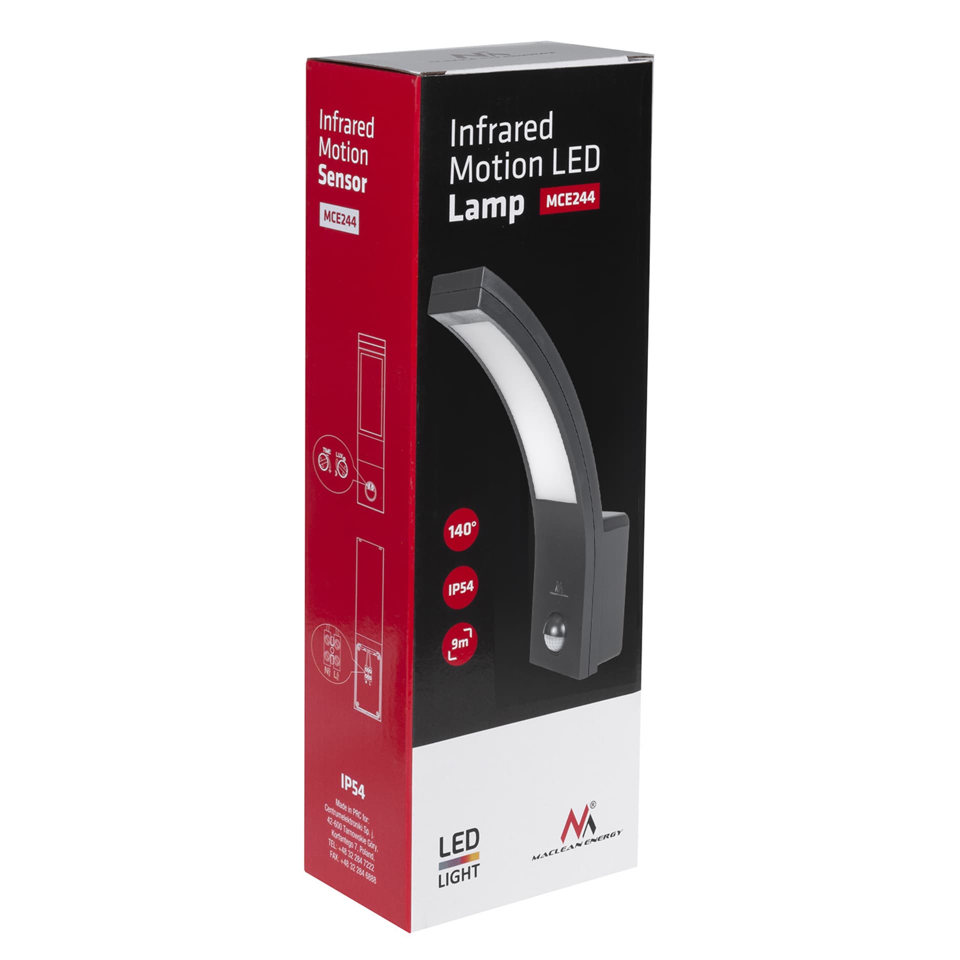 

Lampa LED z czujnikiem ruchu Maclean, czujnik PIR, kolor czarny, 10W, IP54, 750lm, barwa neutralna biała (4000K) MCE244 B