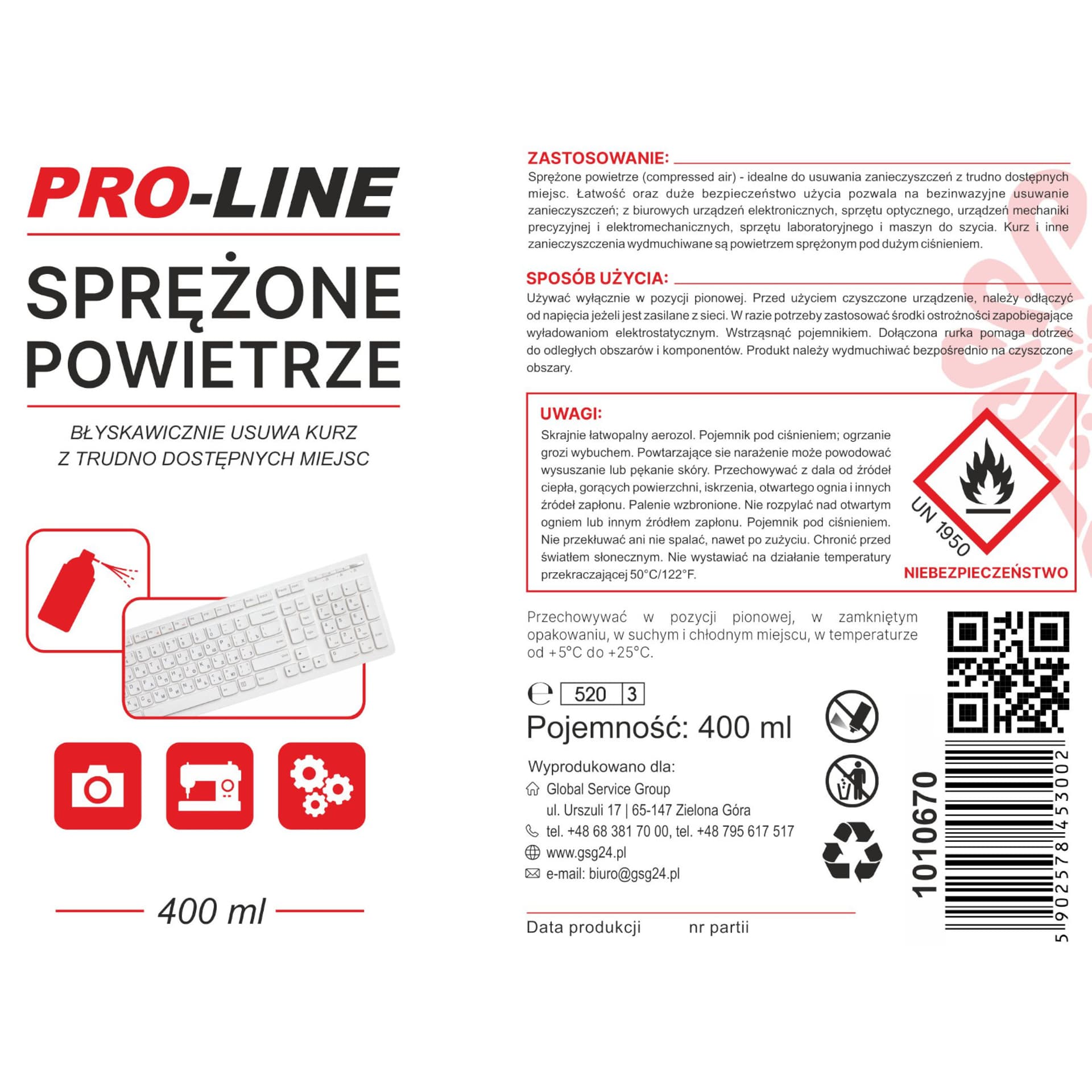 

Sprężone powietrze do czyszczenia elektroniki maszyn do szycia PRO-LINE spray 400ml