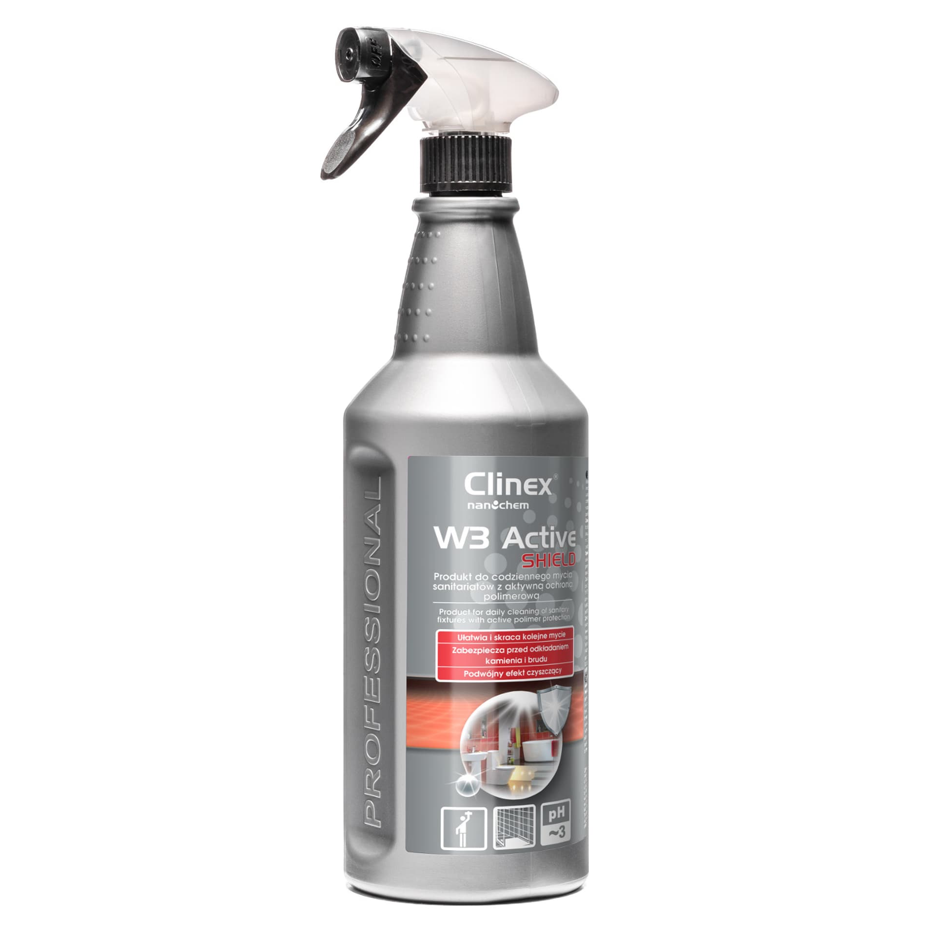 

Preparat do mycia łazienki ubikacji usuwa rdzę kamień osady z mydła CLINEX W3 Active SHIELD 1L