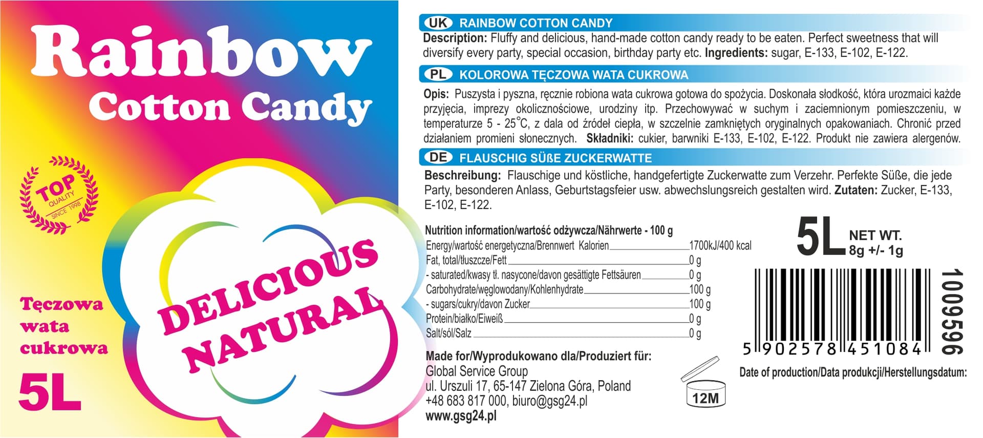 

Kolorowa tęczowa wata cukrowa Rainbow Cotton Candy 5L