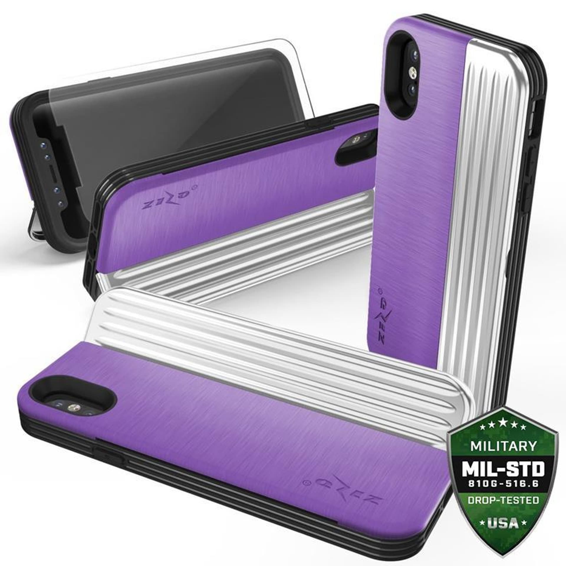 

Zizo Retro Series - Etui iPhone Xs/ X z kieszenią na karty + podstawka + szkło 9H na ekran (Purple/Silver)