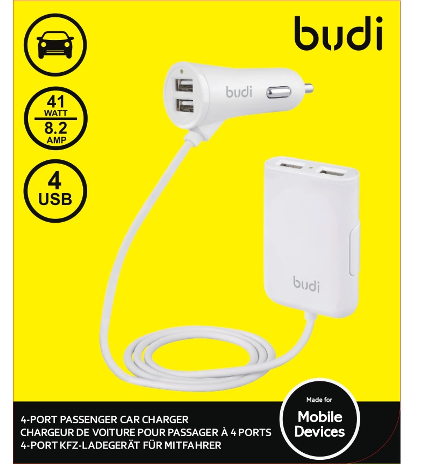 

Budi - Ładowarka samochodowa 4x USB, 41W + rozdzielacz na kablu 1,8m (Biały)