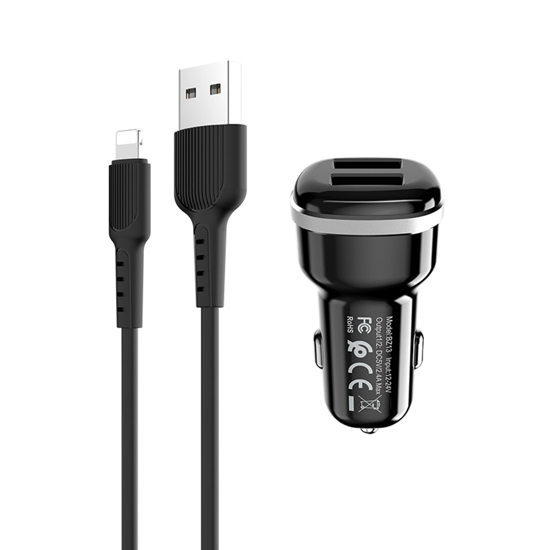 

Borofone - ładowarka samochodowa 2x USB kabel Lightning w zestawie, czarny