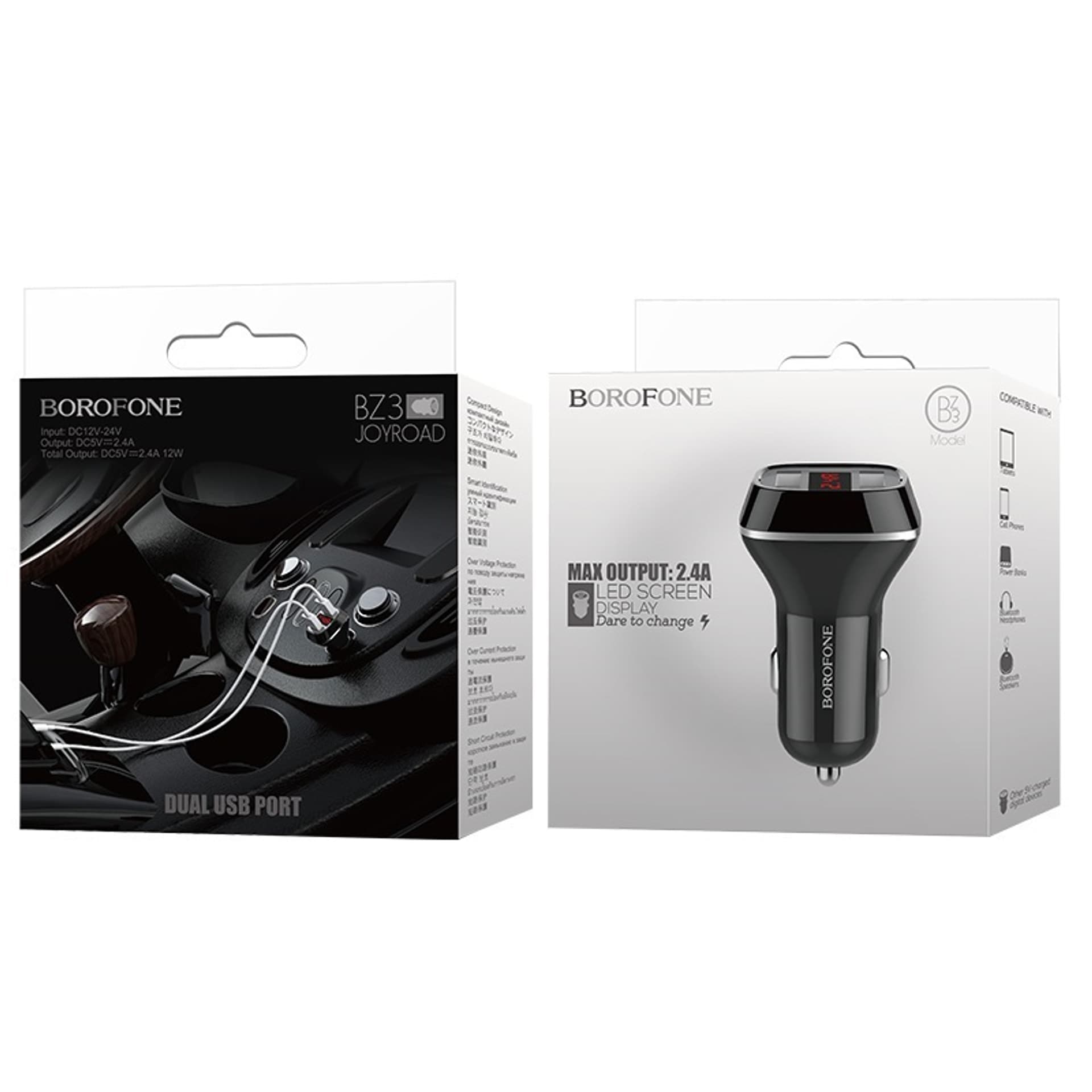 

Borofone - ładowarka samochodowa 2x USB z wyświetlaczem LCD, czarny