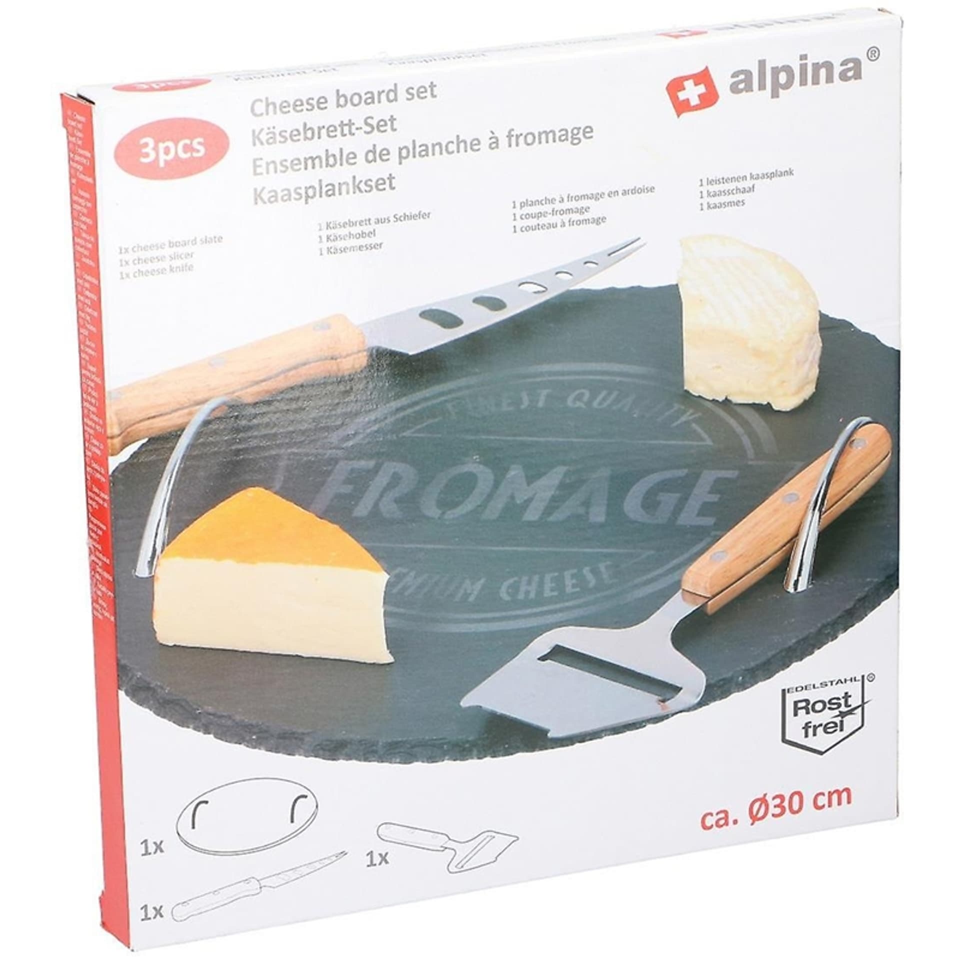 

Alpina - Zestaw do serwowania serów (taca, nóż i krajalnica) średnica 30 cm, Taca/nóż i krajalnica) średnica 30 c