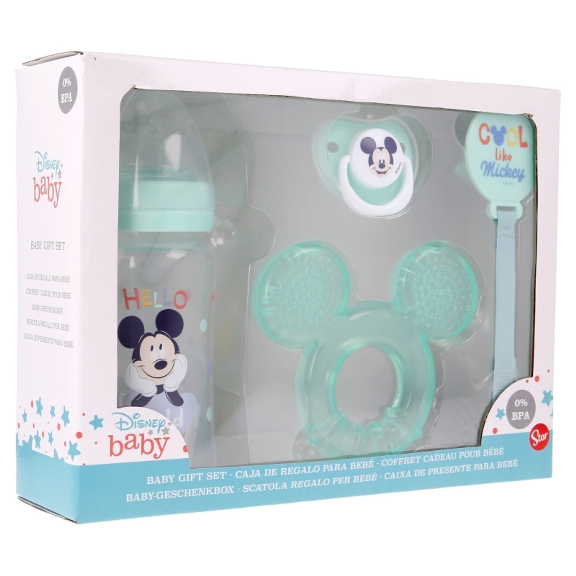 

Mickey Mouse - Zestaw dla niemowlaka (butelka za smoczkiem 240ml, smoczek anatomiczny, gryzak, uchwyt na gryzak) (Cool)