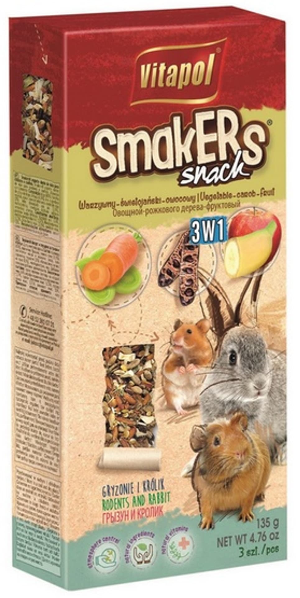 

VITAPOL Kolby MIX (warzywno-owocowo-świętojańskie) dla gryzoni 3szt 135g, Warzywno-owocowo-świętojańskie) dla gryzoni 3szt 135