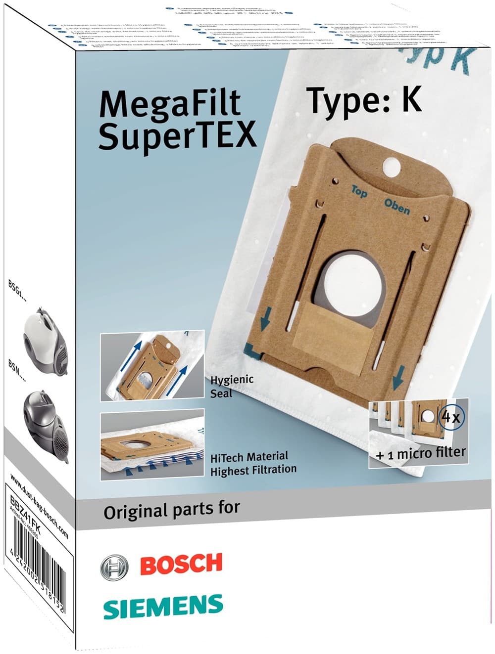 

Worek do odkurzacza Bosch, Siemens (Karton; BOSCH BBZ41FK; 4 szt. + 1 filtr)