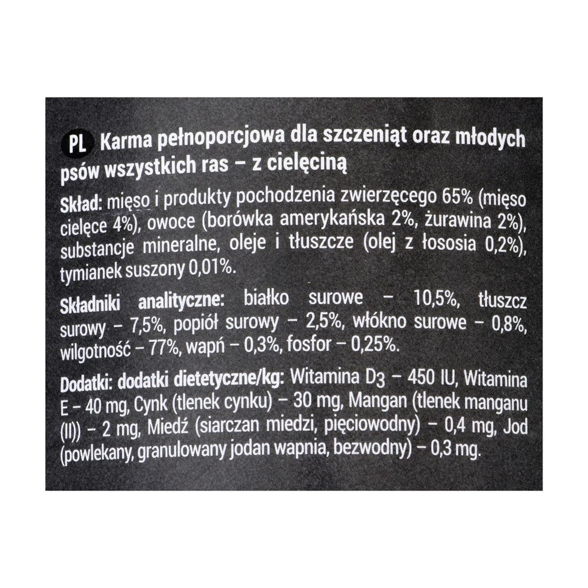 

DOLINA NOTECI Rafi junior z cielęciną, żurawiną i borówką - mokra karma dla szczeniąt - 400g