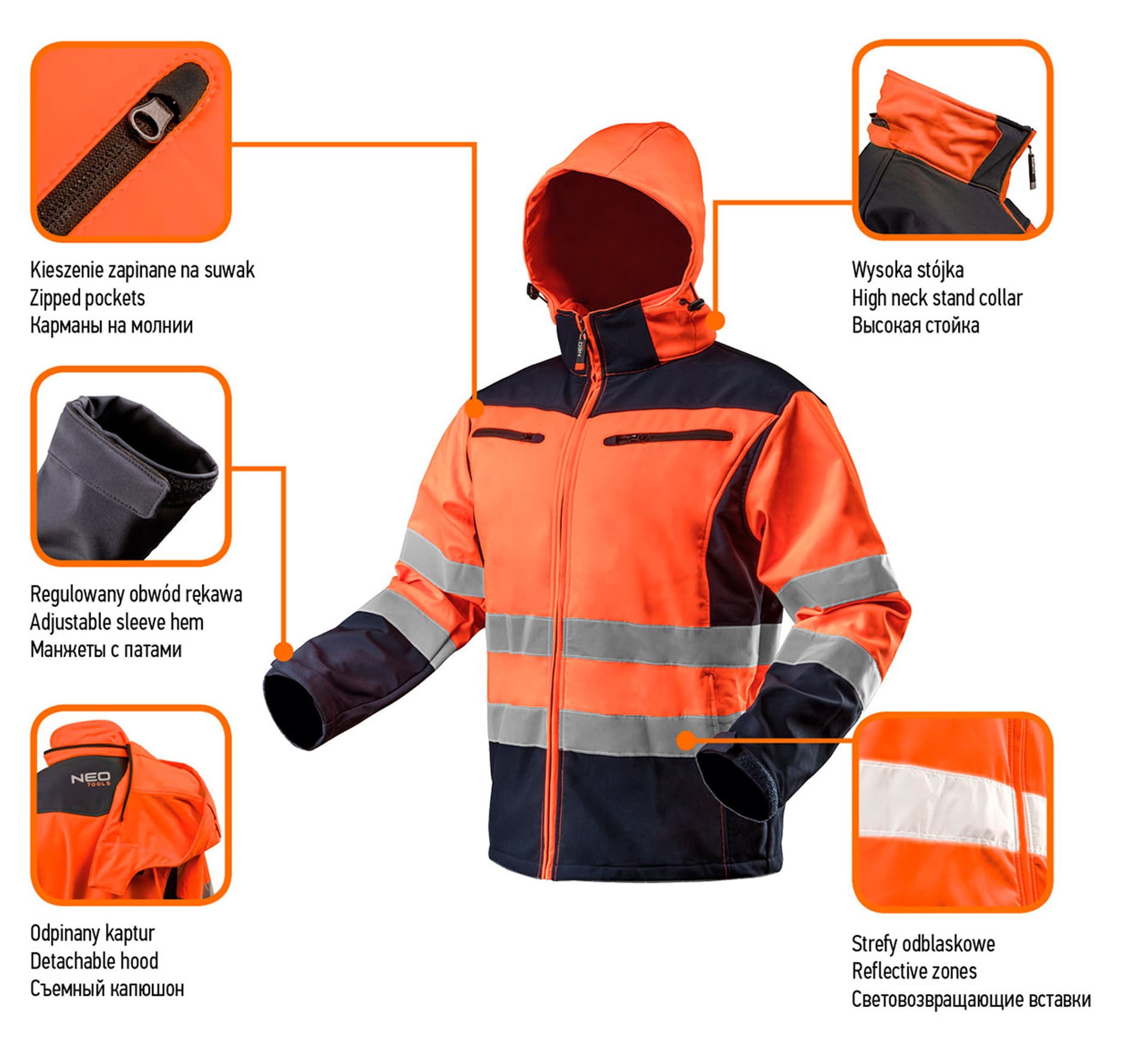 

Kurtka robocza ostrzegawcza softshell z kapturem, pomarańczowa, rozmiar L