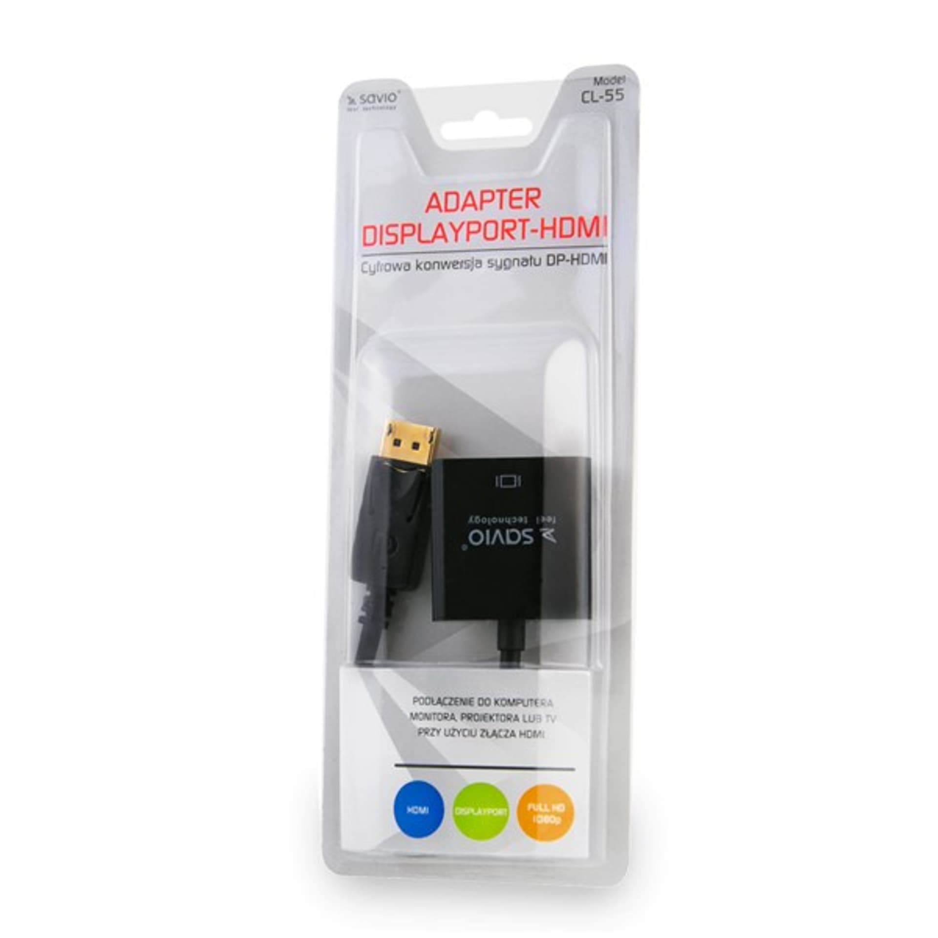 

Adapter SAVIO cl-55 (HDMI F - DisplayPort M; 0,10m; kolor czarny)