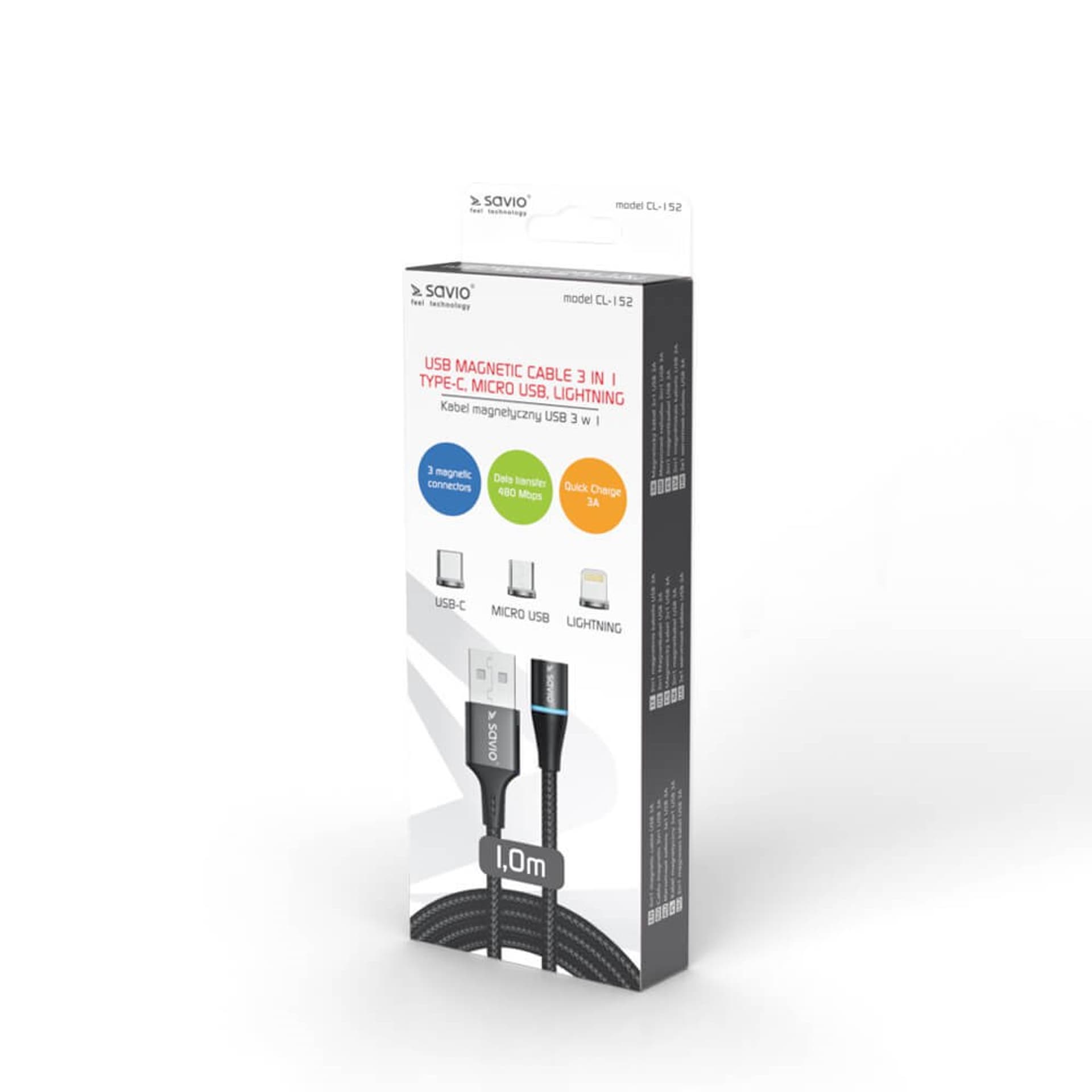 

SAVIO KABEL MAGNETYCZNY USB - USB TYP C, MICRO I LIGHTNING, 1M, CZARNY CL-152