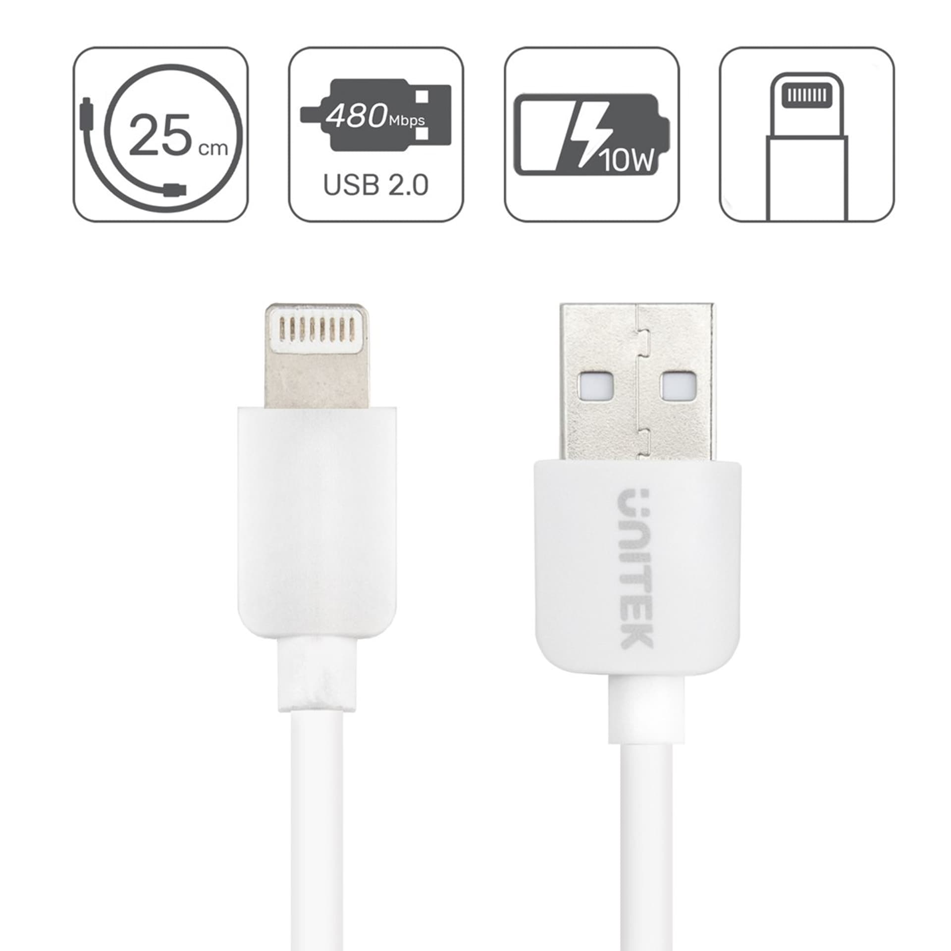 

UNITEK KABEL USB USB-A – LIGHTNING, 25CM, C14014WH