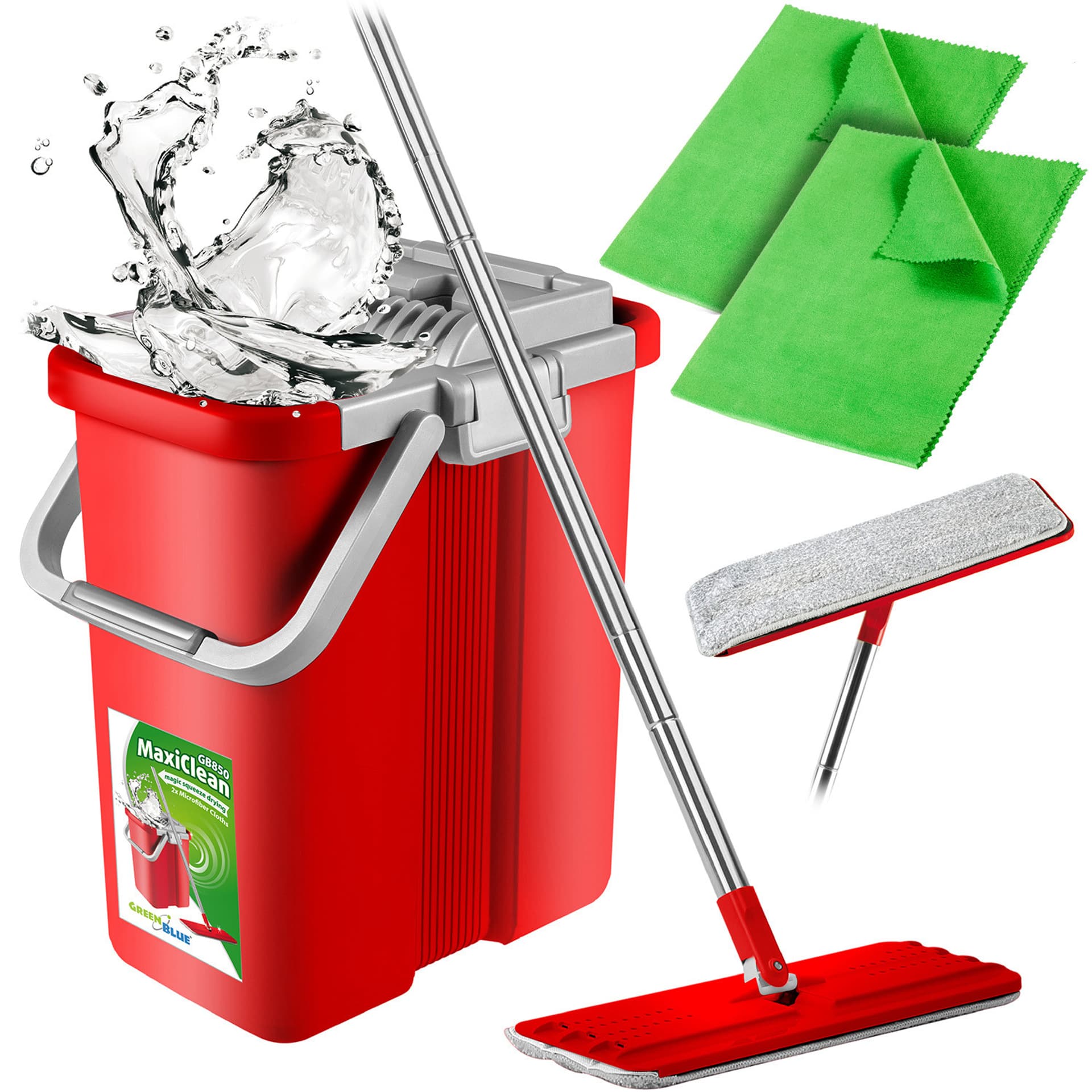 

Mop płaski z wiadrem i wyciskaczem GreenBlue, dwa wkłady microfibra HQ, pojemność 8L, MaxiClean, + 2 ścierki z mikrofibry GB850