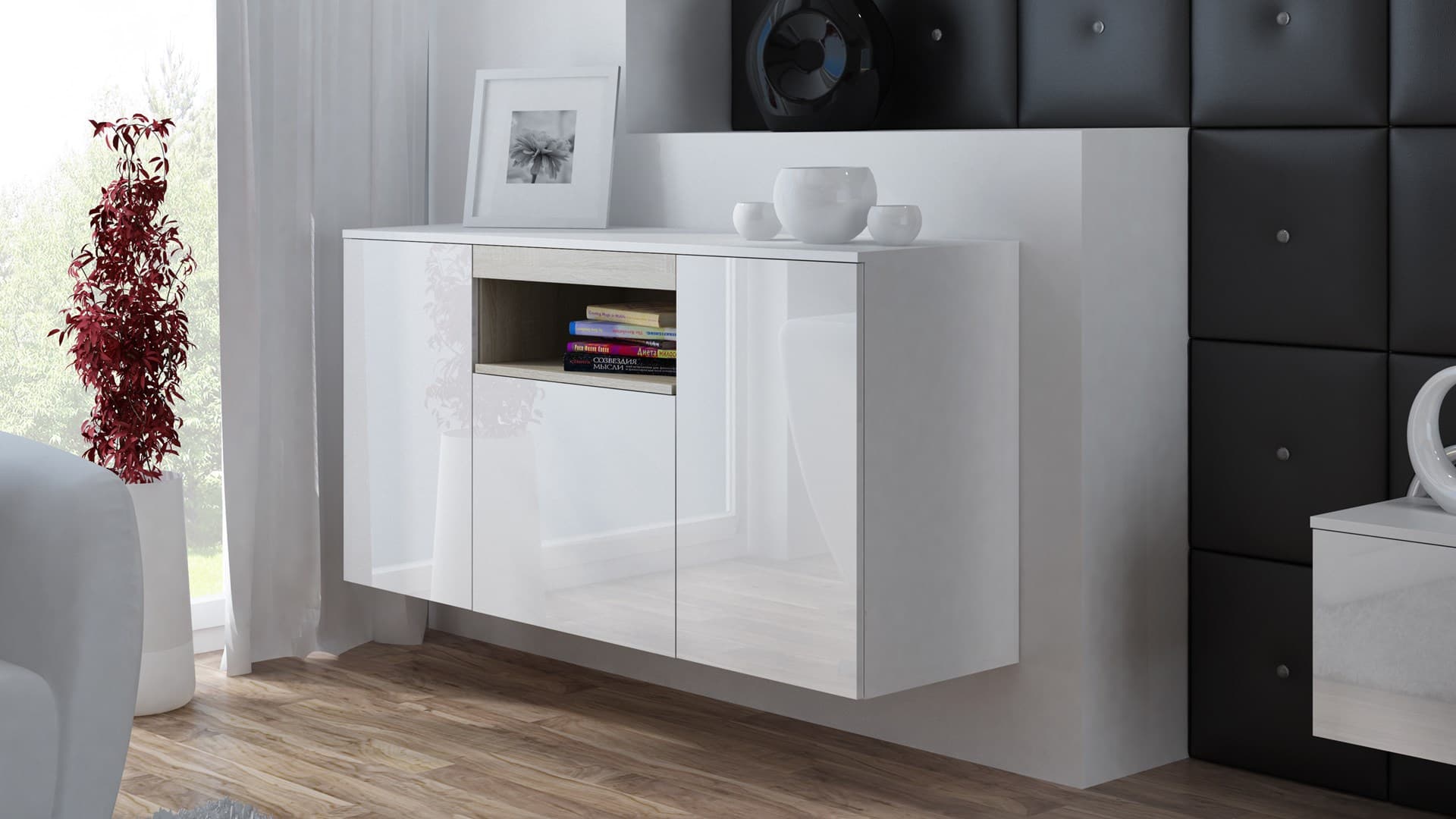 

Komoda VIVA 150 biały/ biały połysk+ dąb sonoma