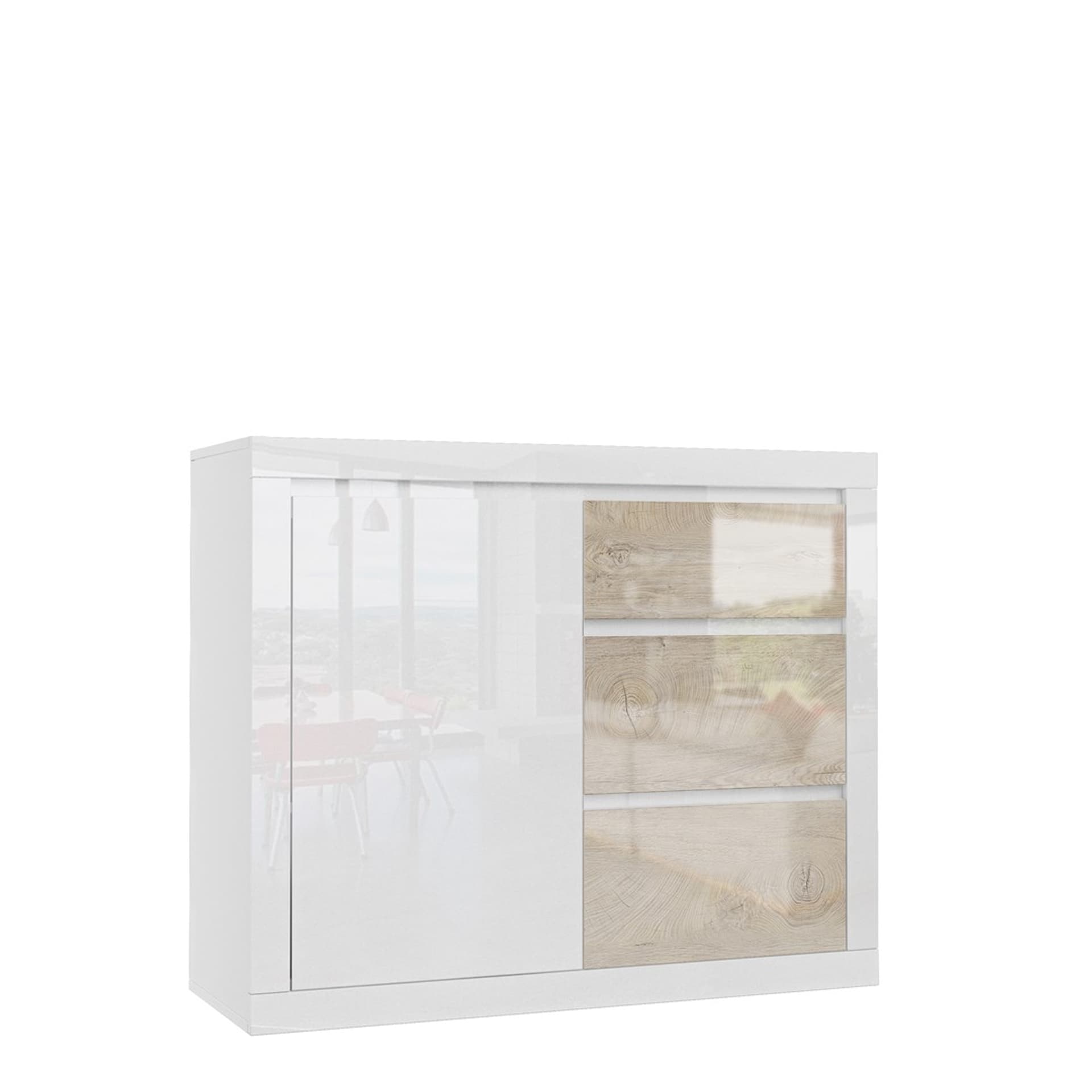 

Komoda 1D3S 107x90x40 SPARKLE dąb+ biały połysk