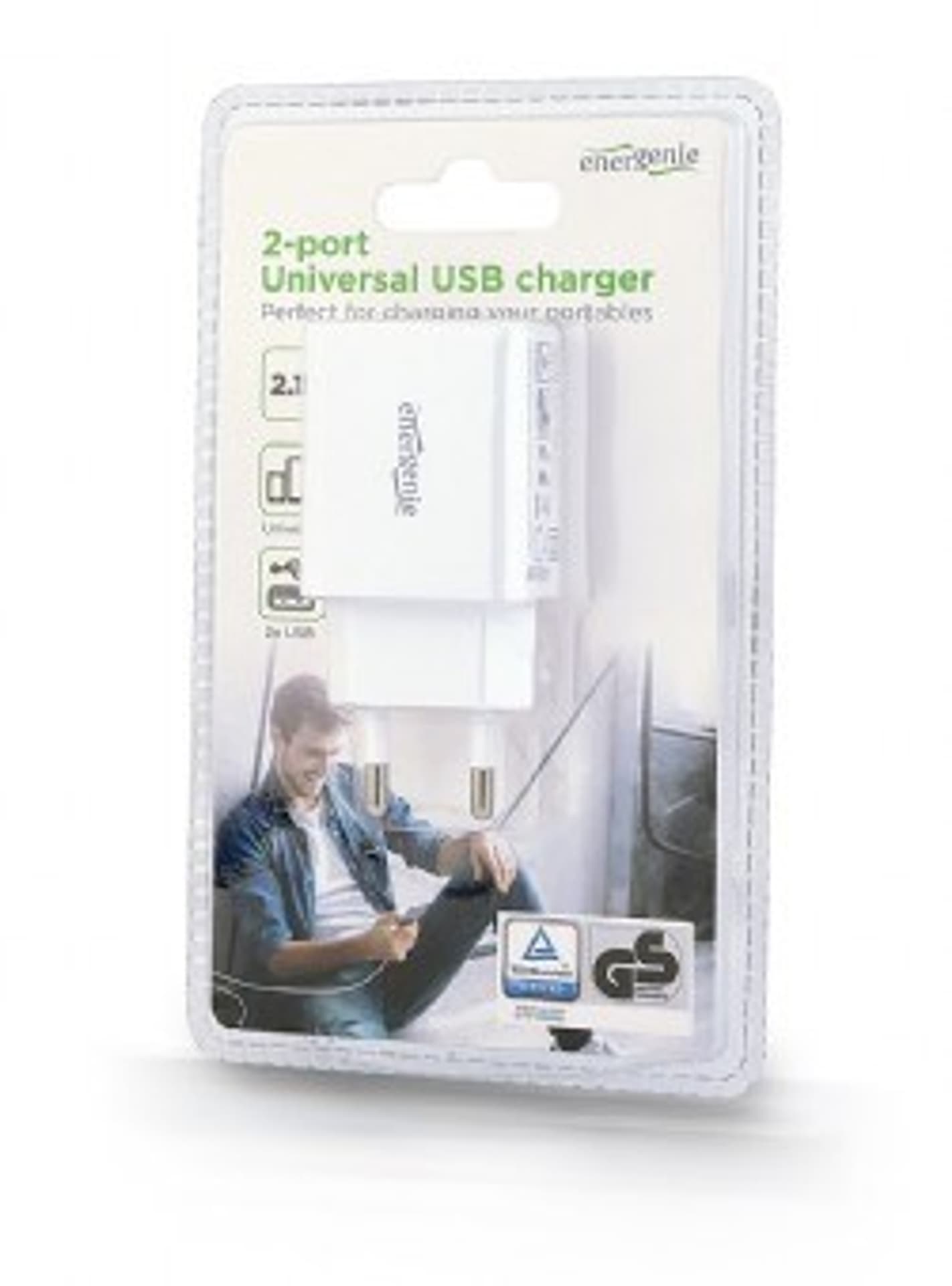 

ENERGENIE ŁADOWARKA SIECIOWA 2-PORTOWA EG-U2C2A-03-W 230V->USB 2.1A, BIAŁA