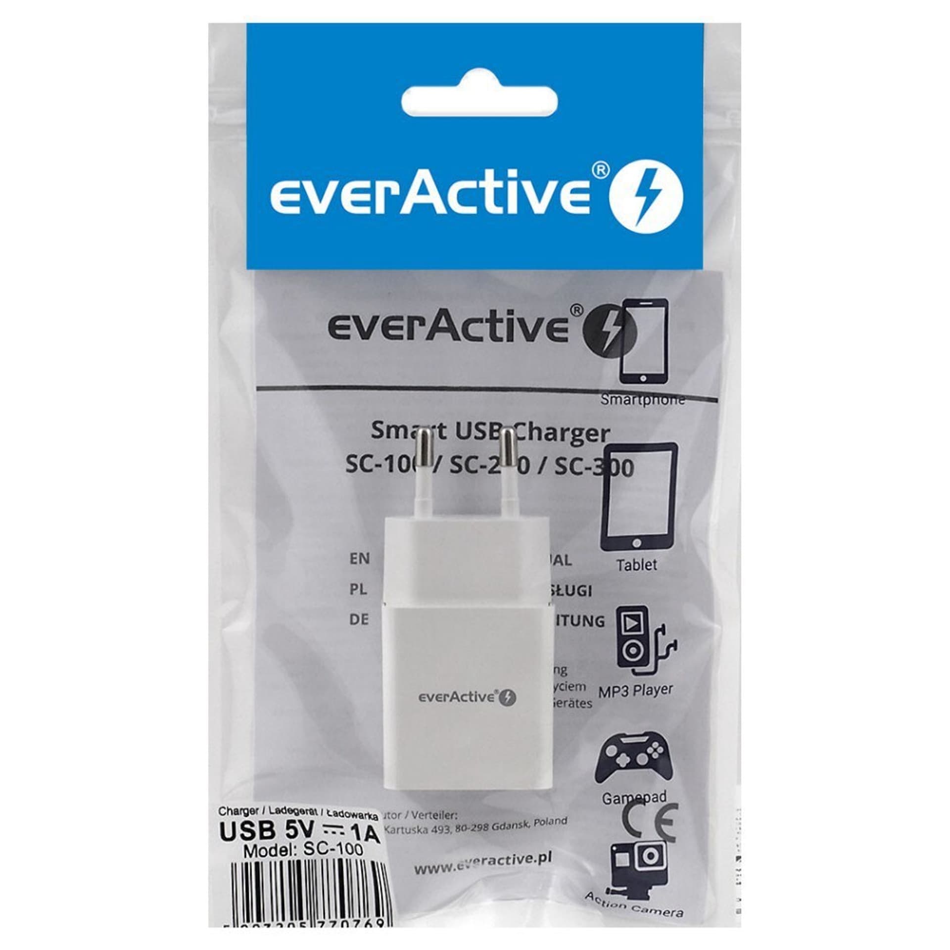 

Ładowarka sieciowa everActive SC-100 (USB; kolor biały)