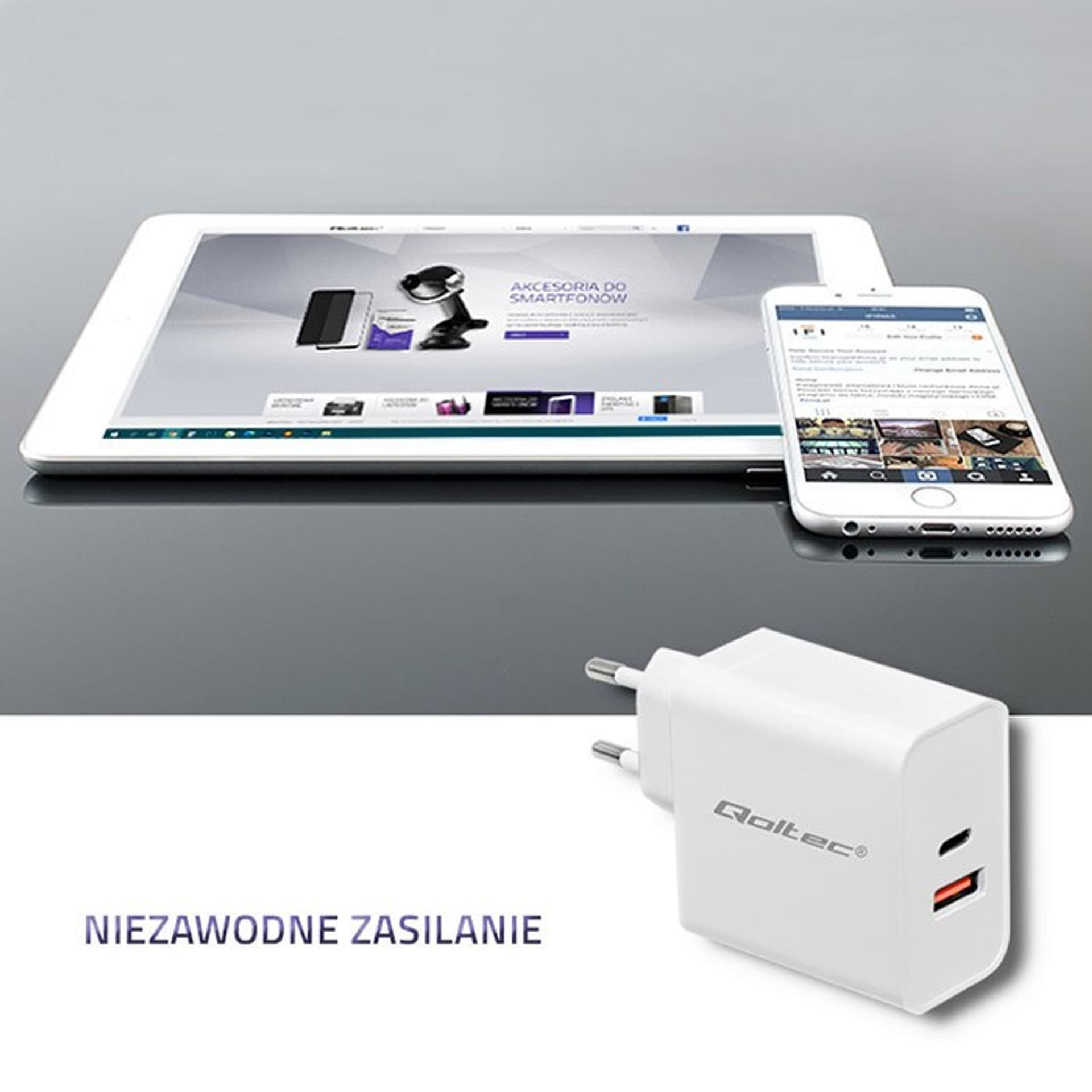

QOLTEC ŁADOWARKA SIECIOWA 63W | 5-20V | 1.5-3A | USB TYP C PD | USB QC 3.0 | BIAŁA