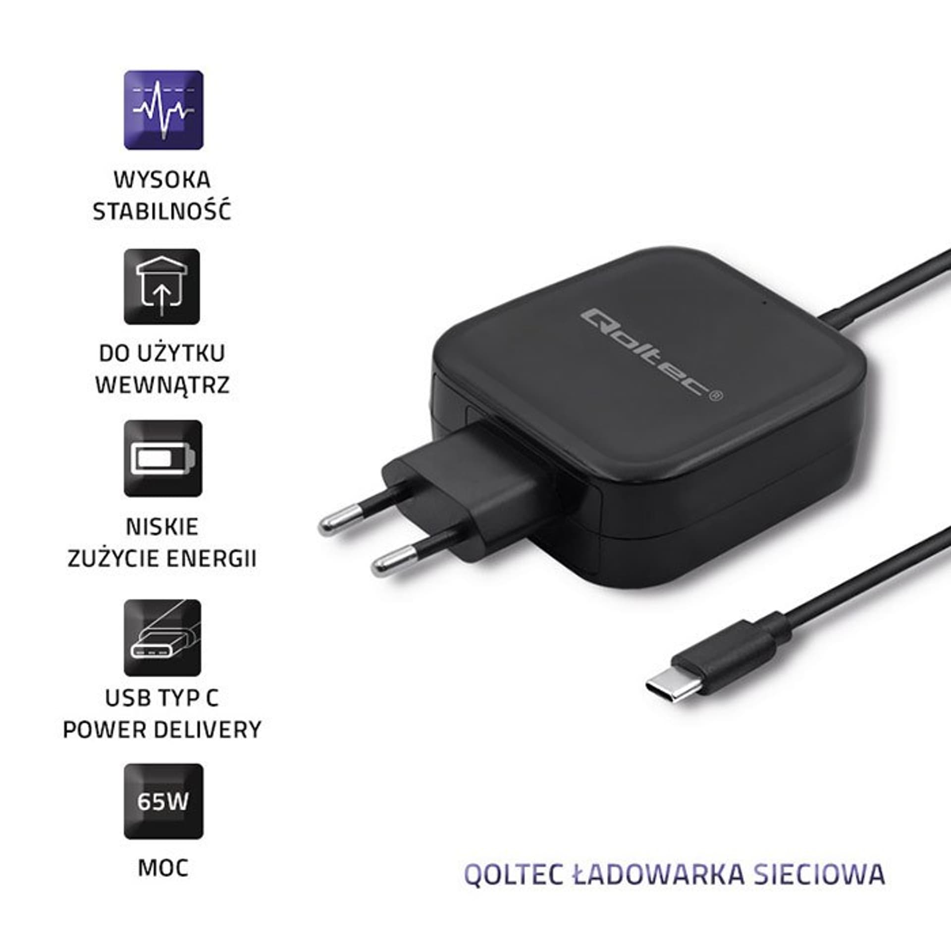 

QOLTEC ŁADOWARKA SIECIOWA 65W | 5-20V | 3-3.25A | USB TYP C | PD | CZARNA