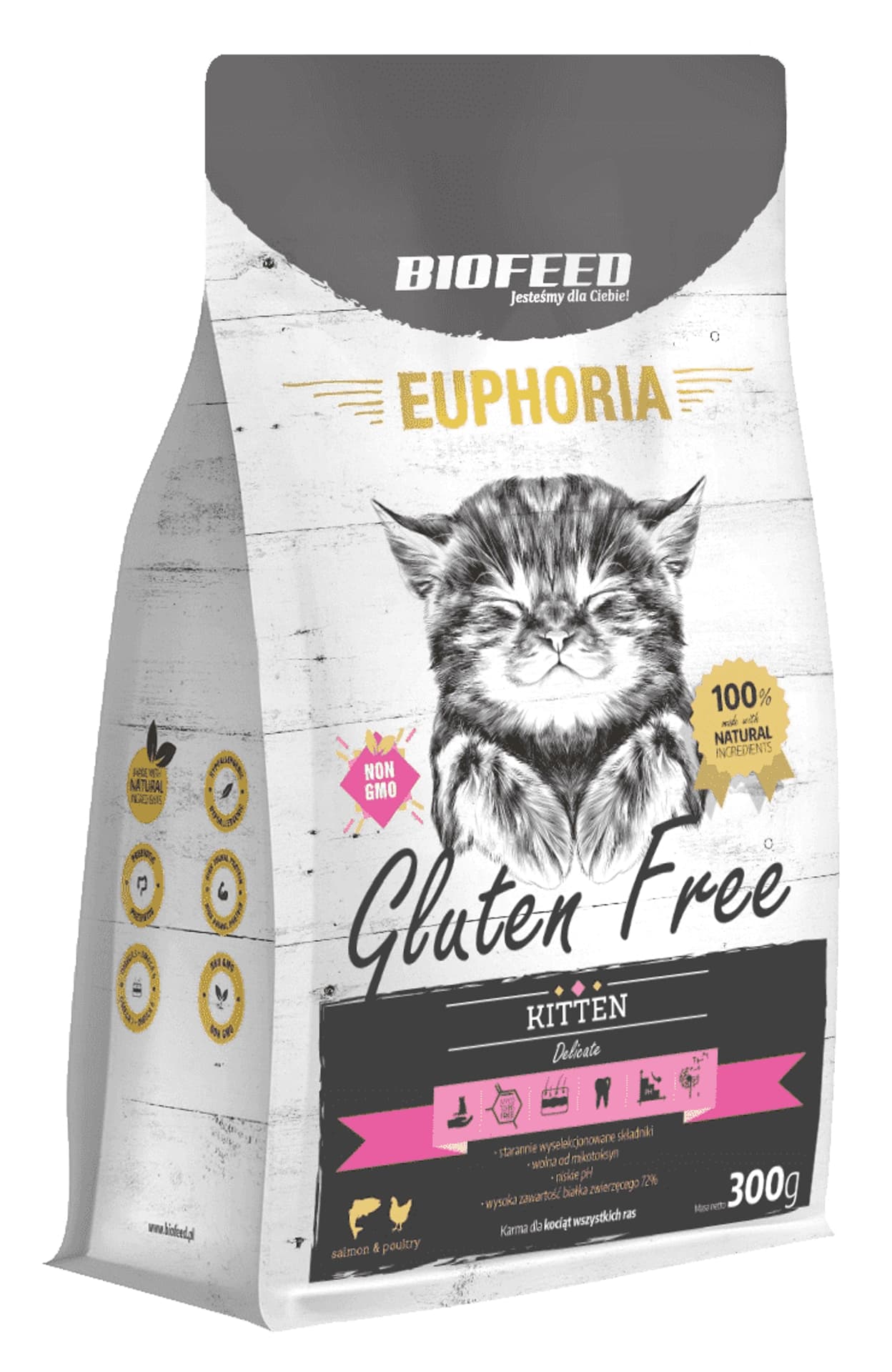 

BIOFEED EUPHORIA KITTEN Gluten Free karma dla kociąt z drobiem i łososiem 300g