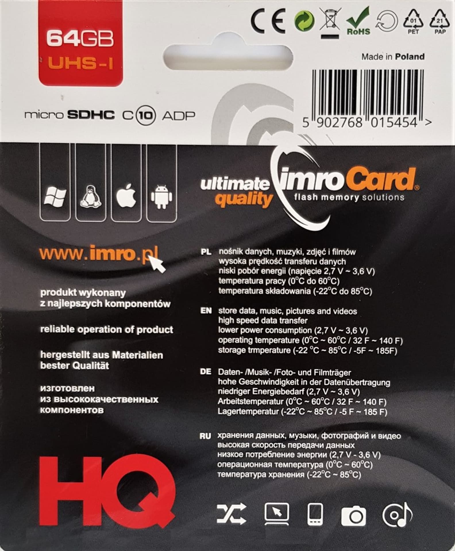 

Zestaw kart pamięci IMRO 10/64G UHS-I ADP (64GB; Class 10, Class U1; + adapter)