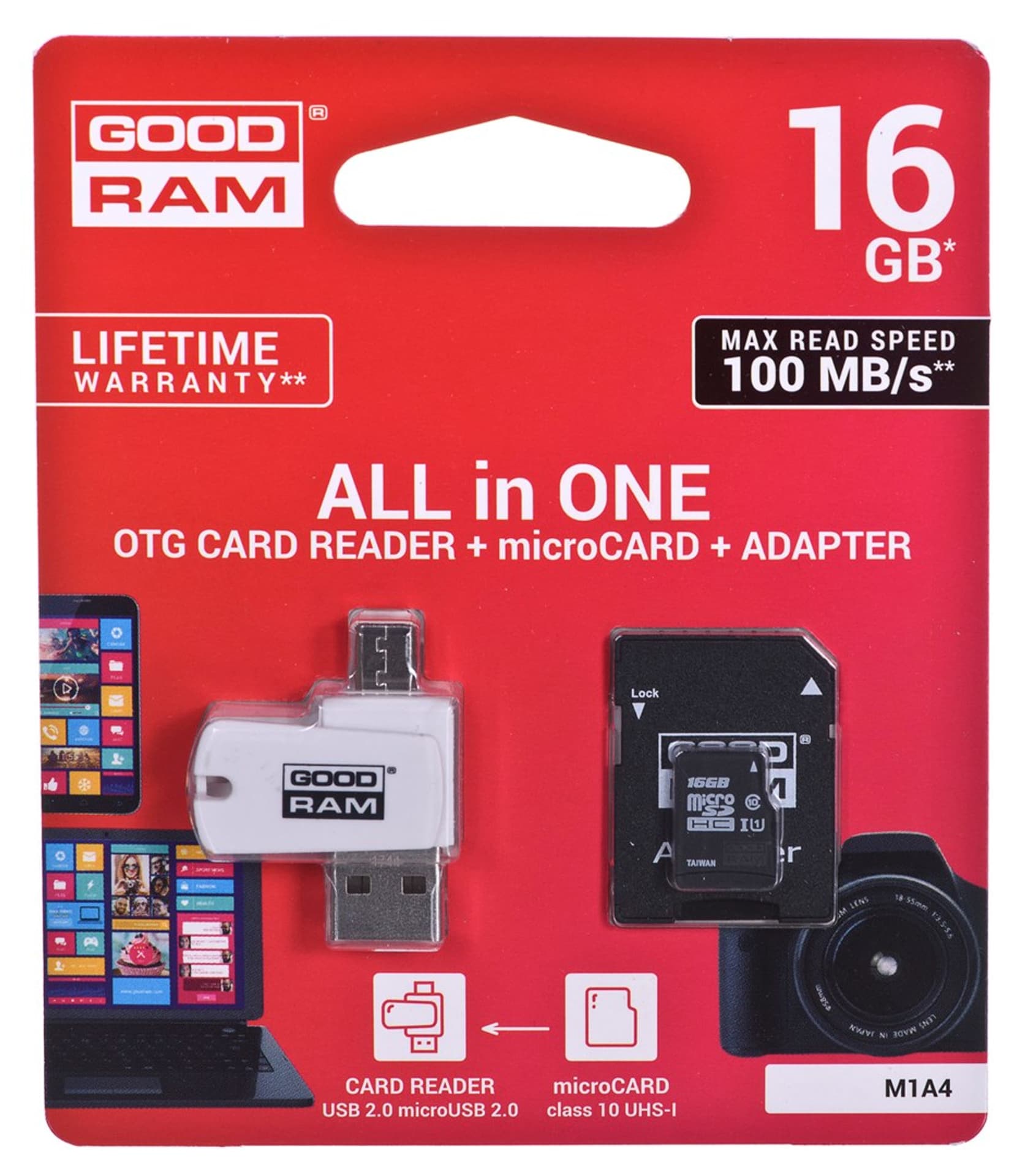 

Karta pamięci z adapterem i czytnikiem kart GoodRam All in one M1A4-0160R12 (16GB; Class 10; Adapter, Czytnik kart MicroSDHC, Karta pamięci)
