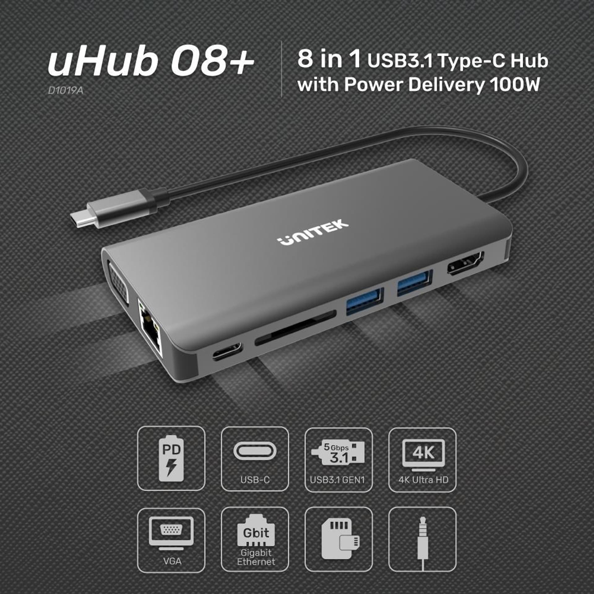 

UNITEK HUB 8W1 USB3.1 TYP-C, PD 100W, D1019A
