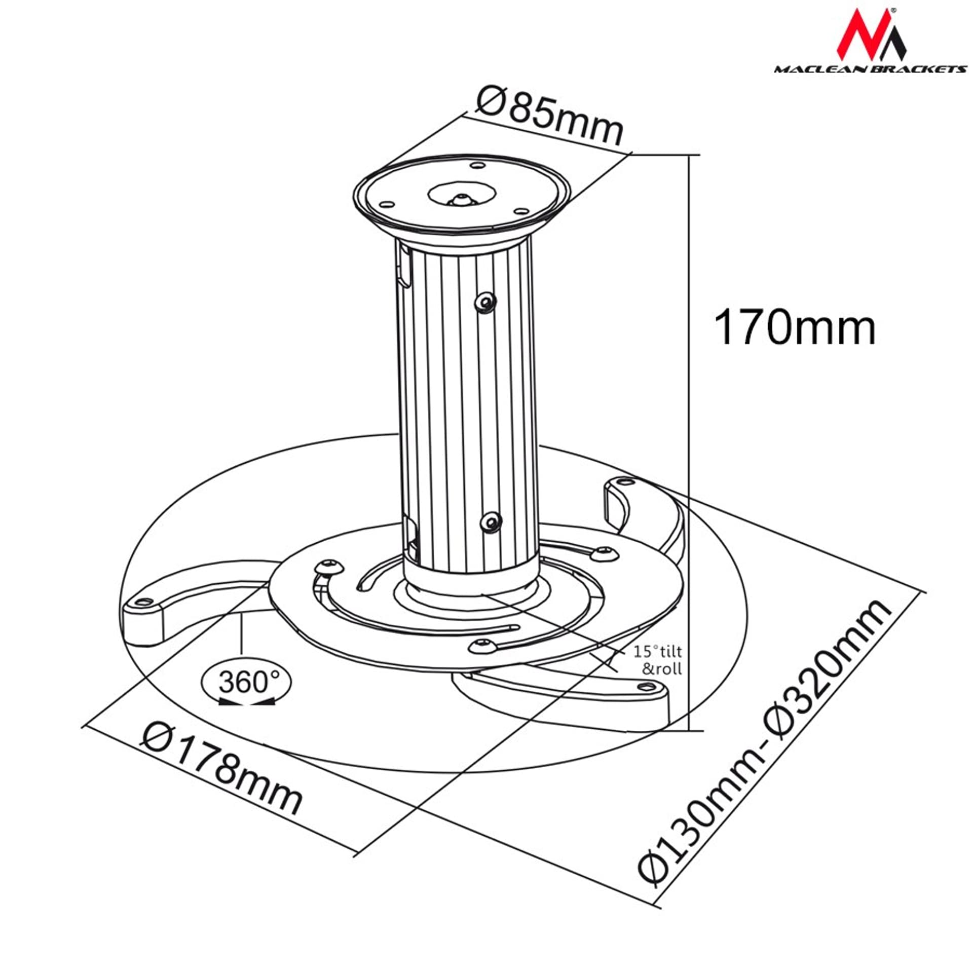 

Uchwyt sufitowy do projektora Maclean MC-515 (80 mm - 170 mm; 10 kg; kolor srebrny, kolor szary)