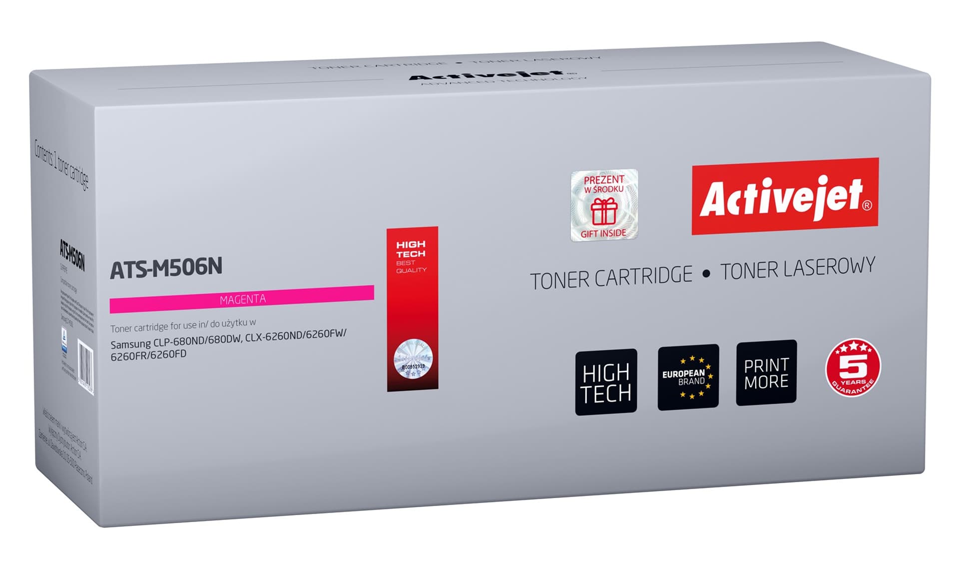 

Toner Activejet ATS-M506N (zamiennik Samsung CLT-M506L; Supreme; 3500 stron; czerwony)