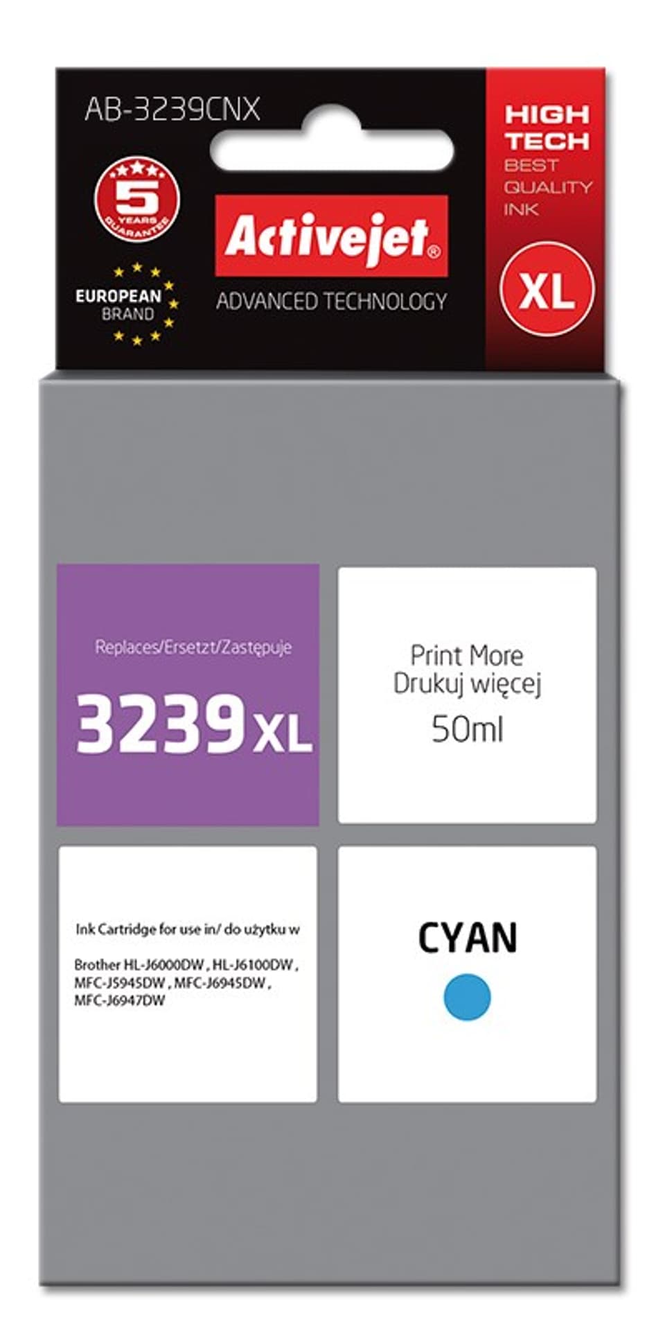 

Activejet AB-3239CNX Tusz (zamiennik Brother LC3239XLC; Supreme; 50 ml; błękitny)