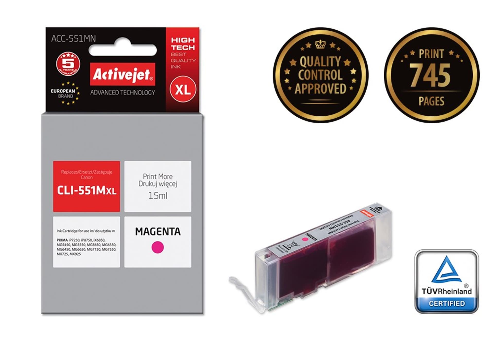 

Activejet ACC-551MN Tusz (zamiennik Canon CLI-551M; Supreme; 15 ml; czerwony)