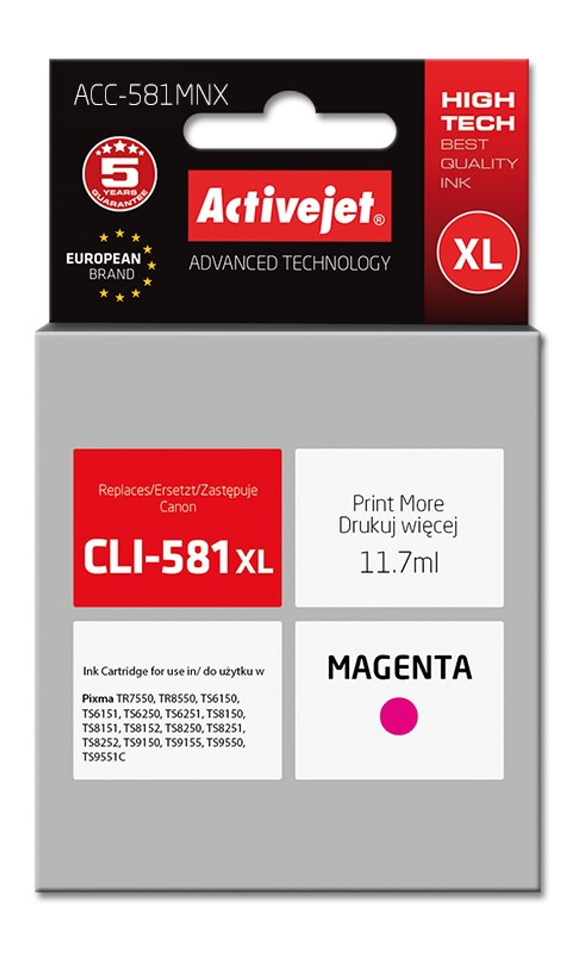 

Activejet ACC-581MNX Tusz (zamiennik do drukarki Canon CLI-581XLM; Supreme; 11,70 ml; czerwony)