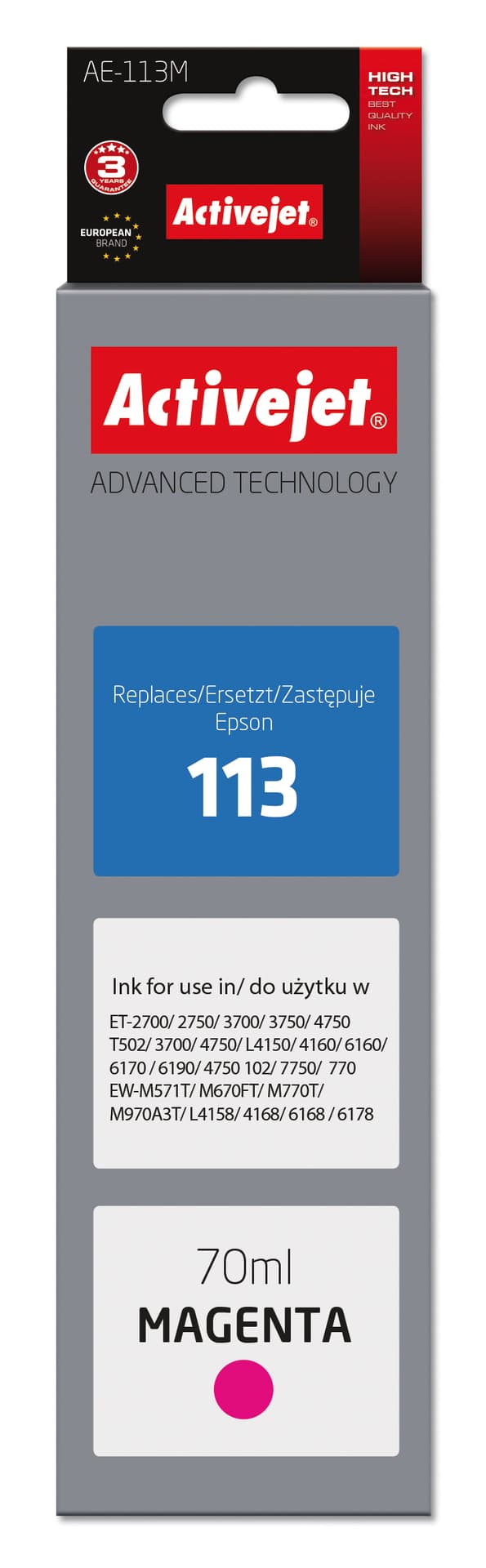 

Tusz Activejet AE-113M (zamiennik Epson 113 C13T06B340; Supreme; 70ml; czerwony)