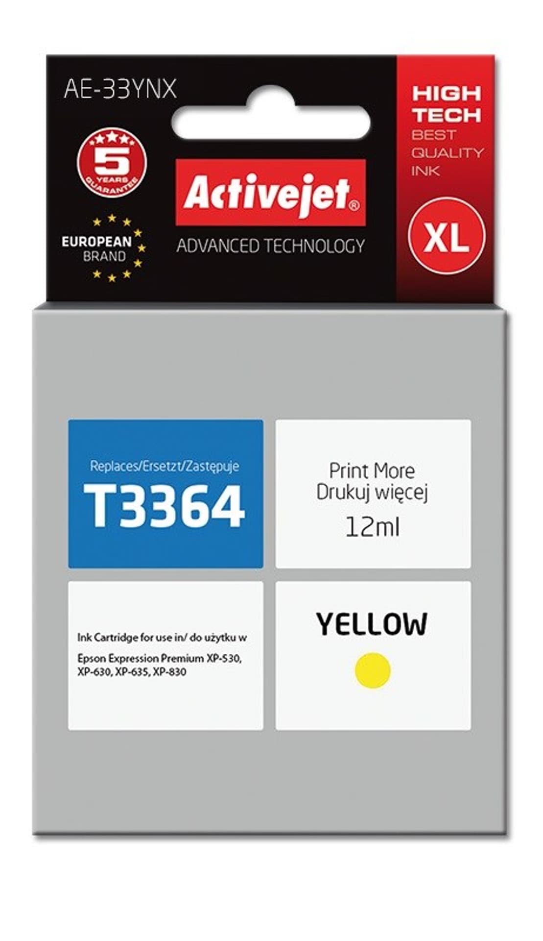 

Tusz Activejet AE-33YNX (zamiennik Epson 33XL T3364; Supreme; 12 ml; żółty)
