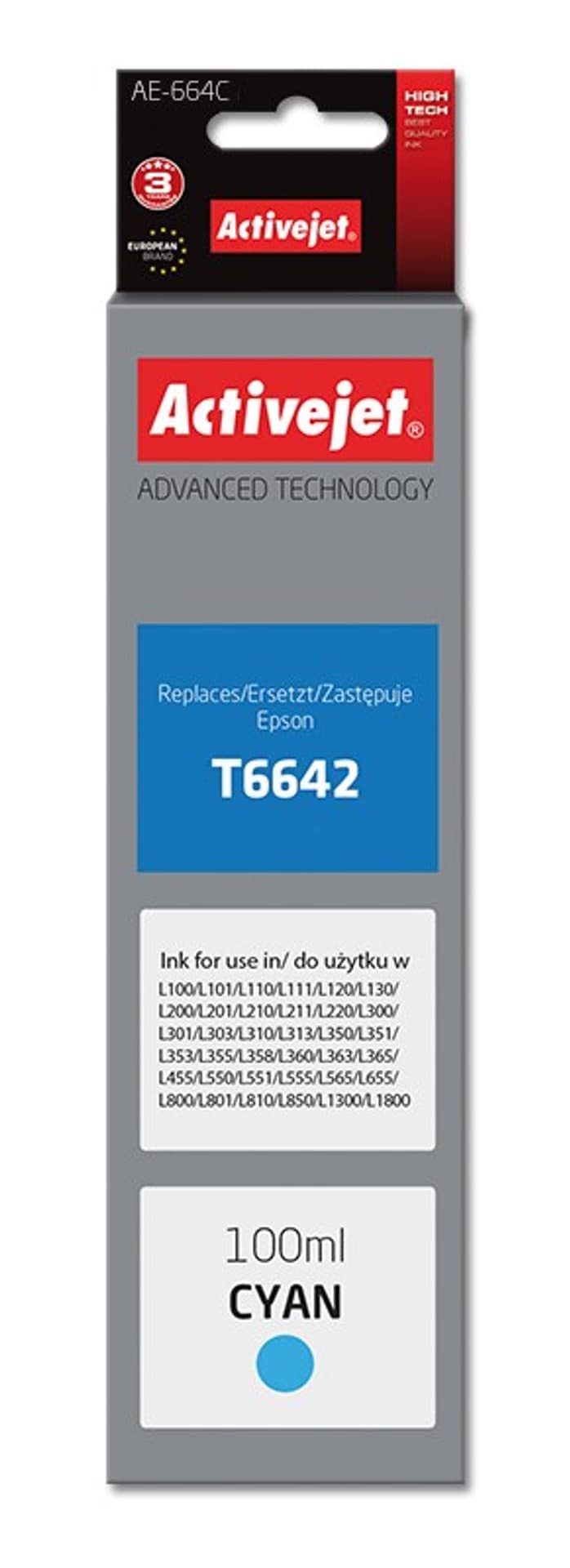

Tusz Activejet AE-664C (zamiennik Epson T6642; Supreme; 100 ml; niebieski)