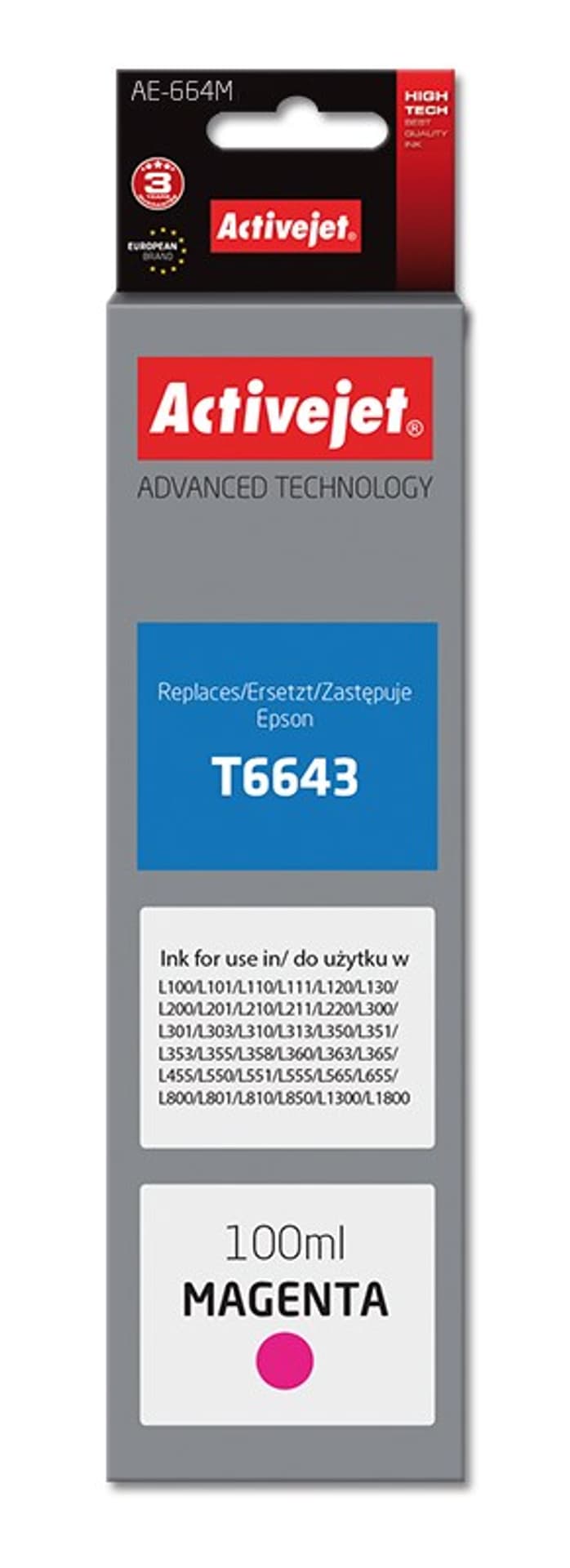 

Tusz Activejet AE-664M (zamiennik Epson T6643; Supreme; 100 ml; czerwony)