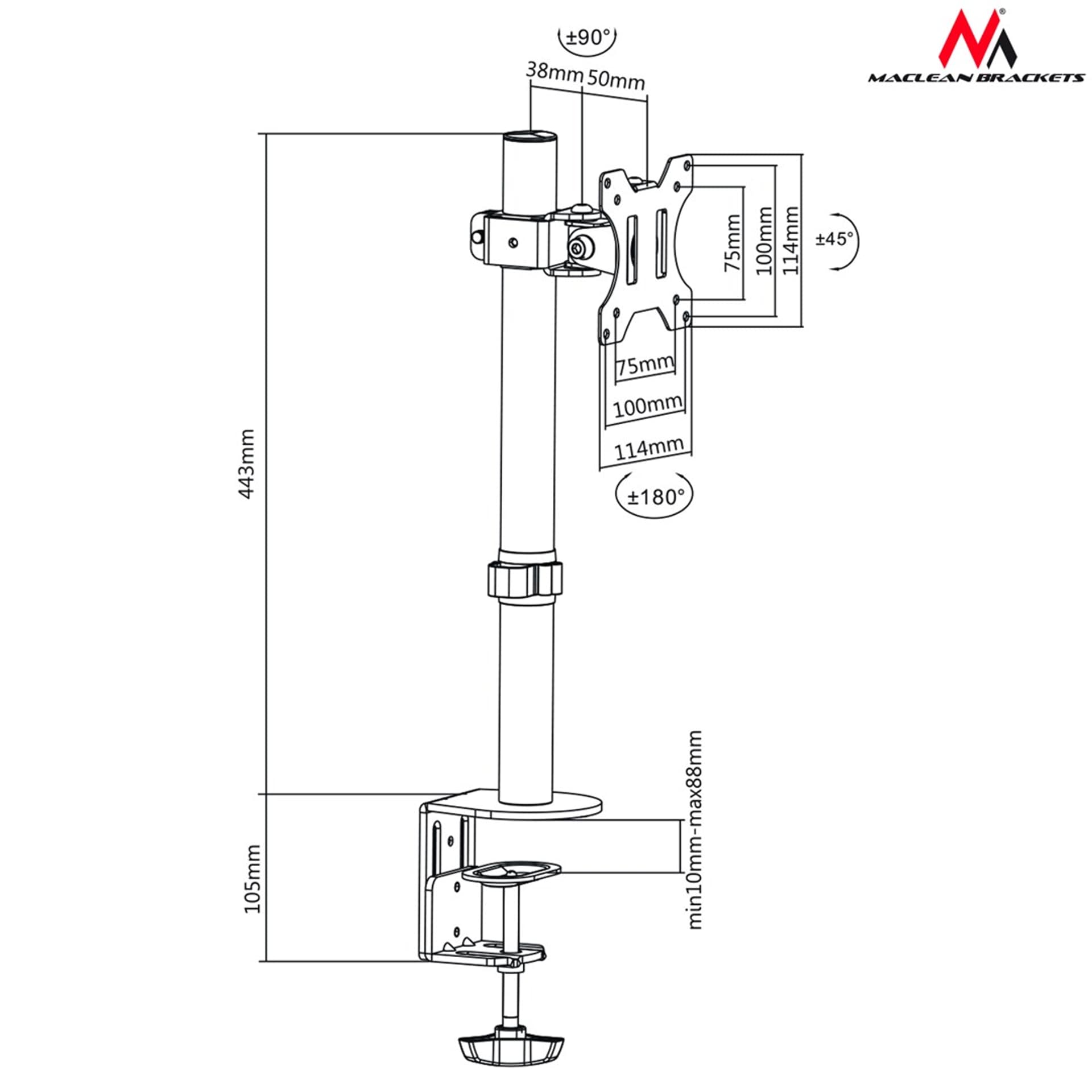 

Uchwyt biurkowy do monitora Maclean MC-751 (biurkowy; 13" - 32"; max. 8kg)