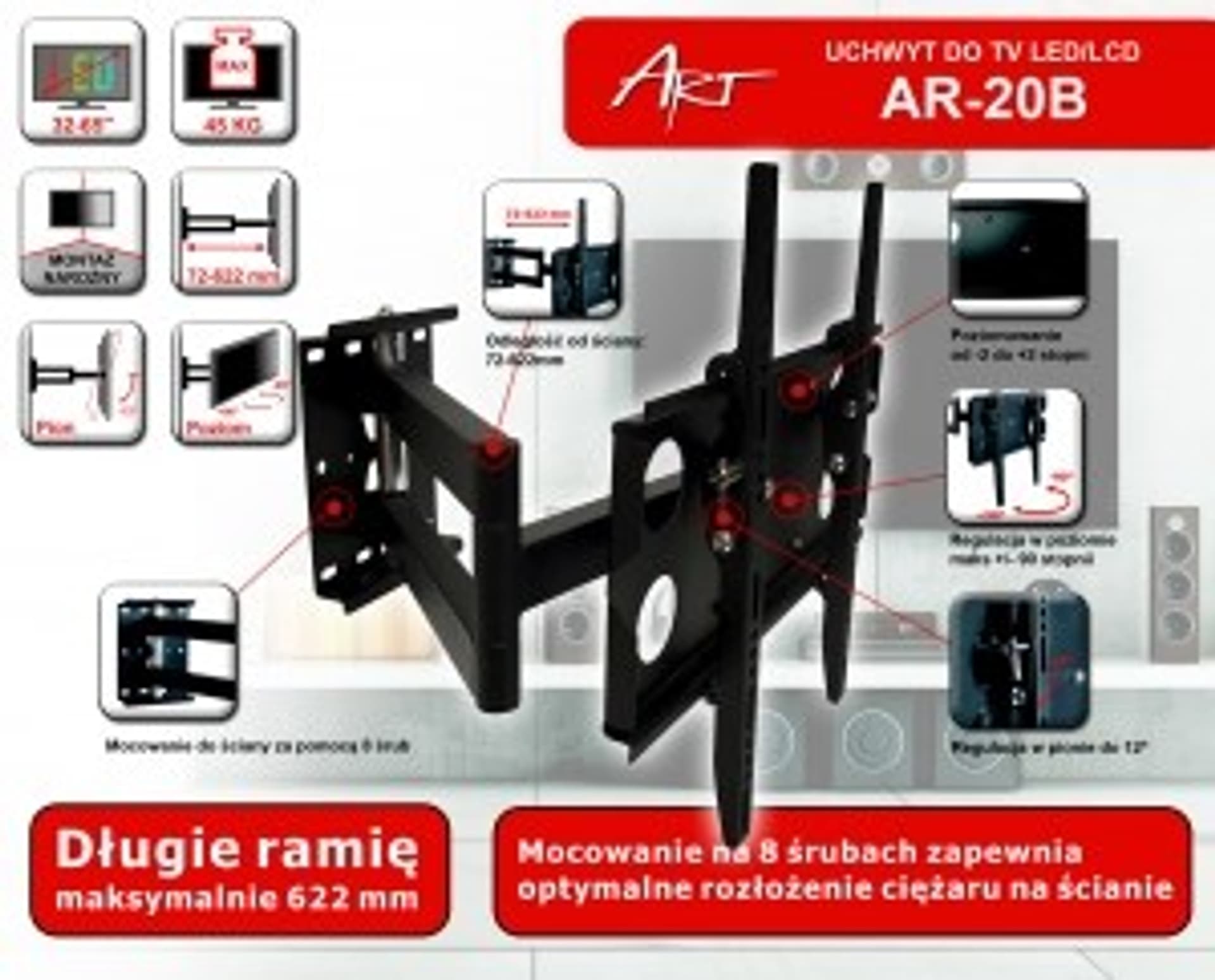 

Uchwyt ART AR-20B (Uchylny ; max. 45kg)